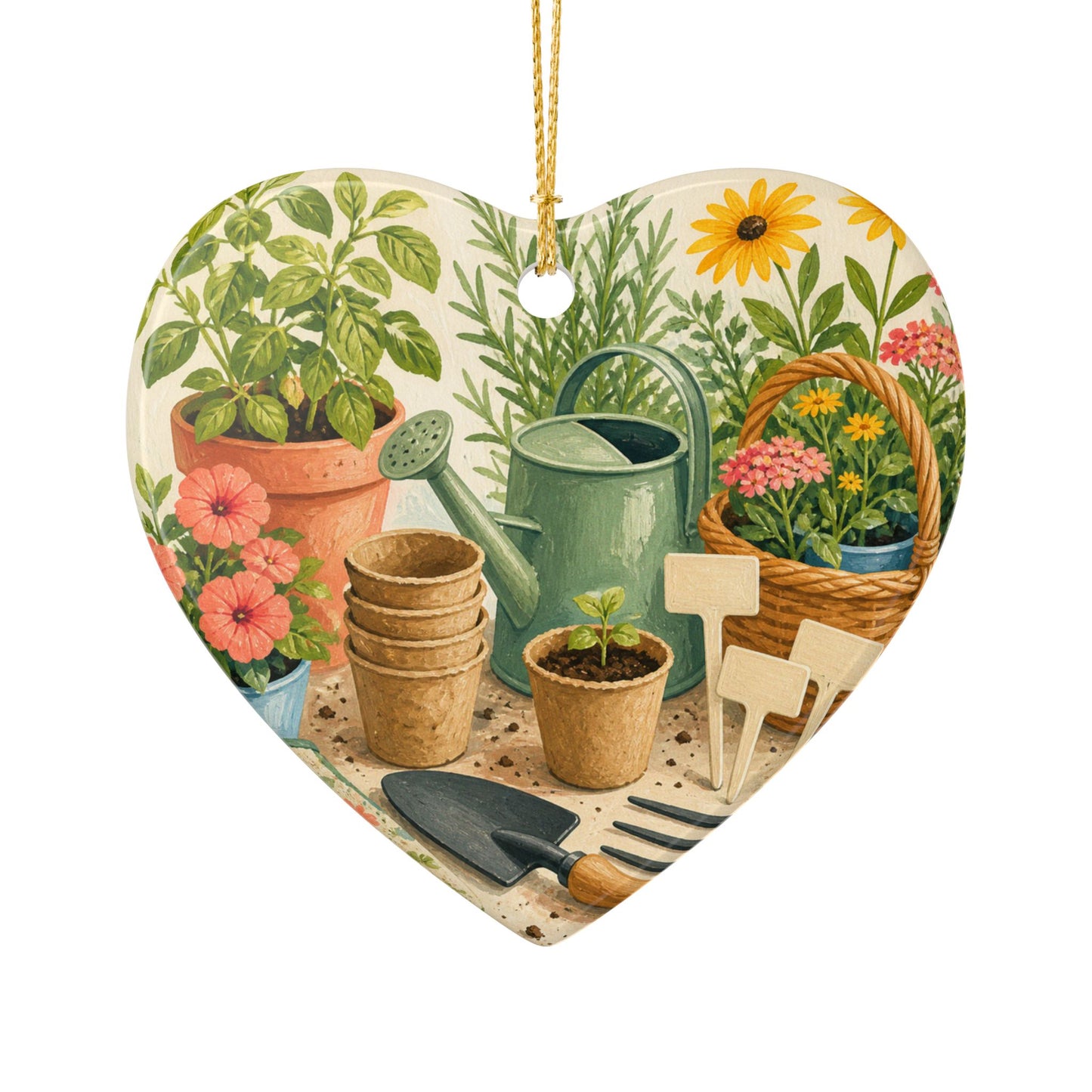 Colorful Gardening Tools and Flowers Hobby Art Ceramic Ornament, Holiday Keepsak
