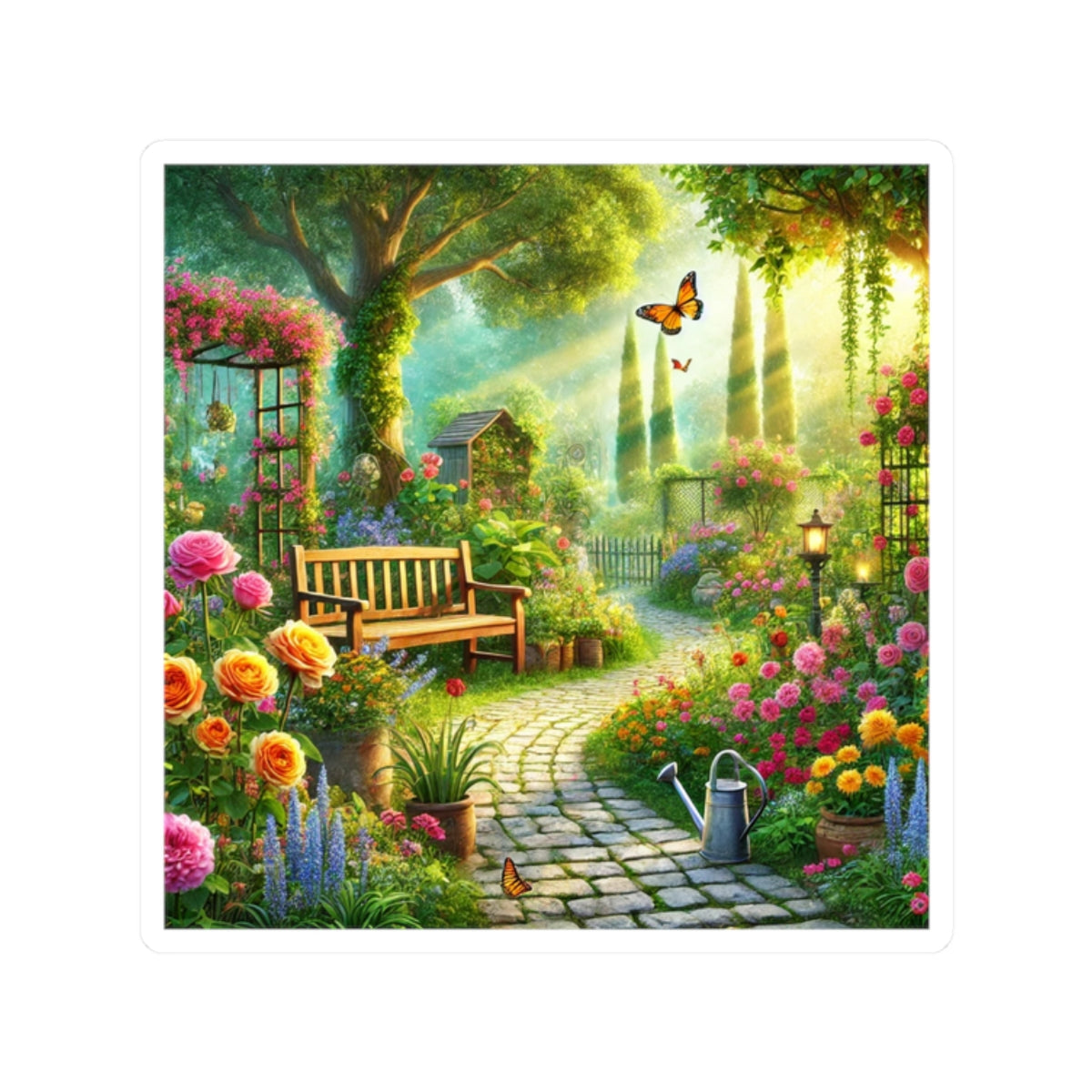 Sunlit Spring Flower Garden Bench Sticker