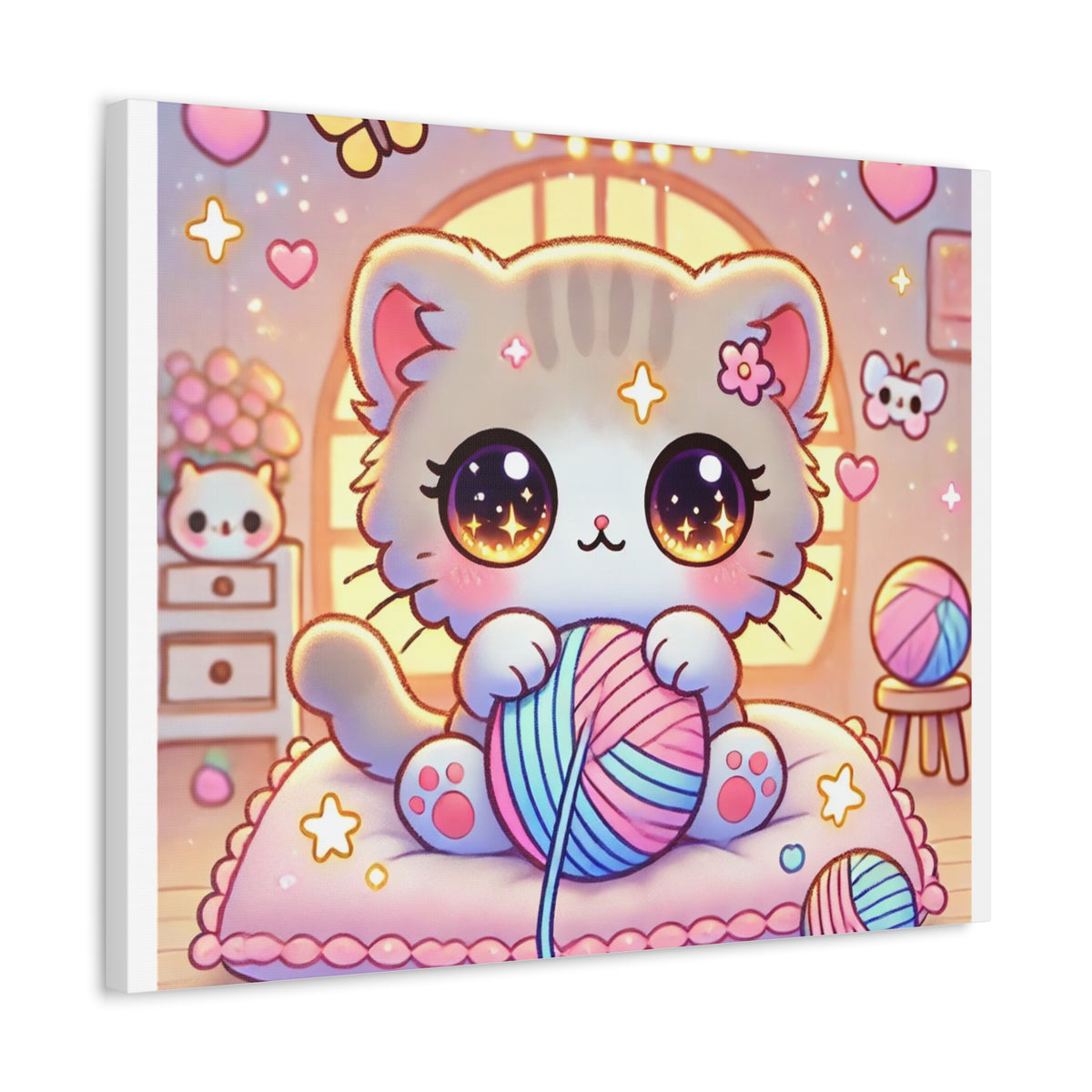 Cozy Kawaii Knitting Cat Pastel Yarn Canvas Wall Art