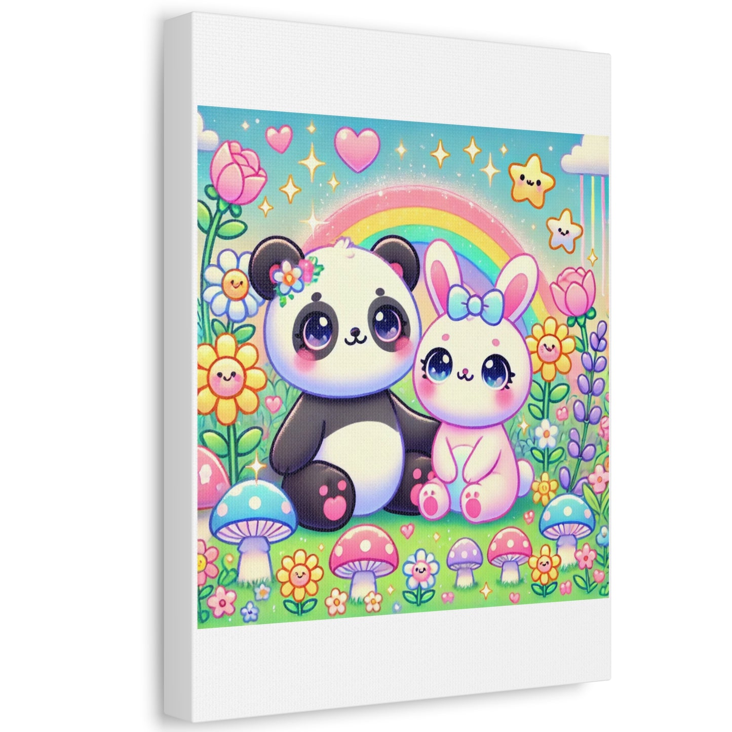 Pastel Panda and Bunny Rainbow Garden Canvas Wall Art