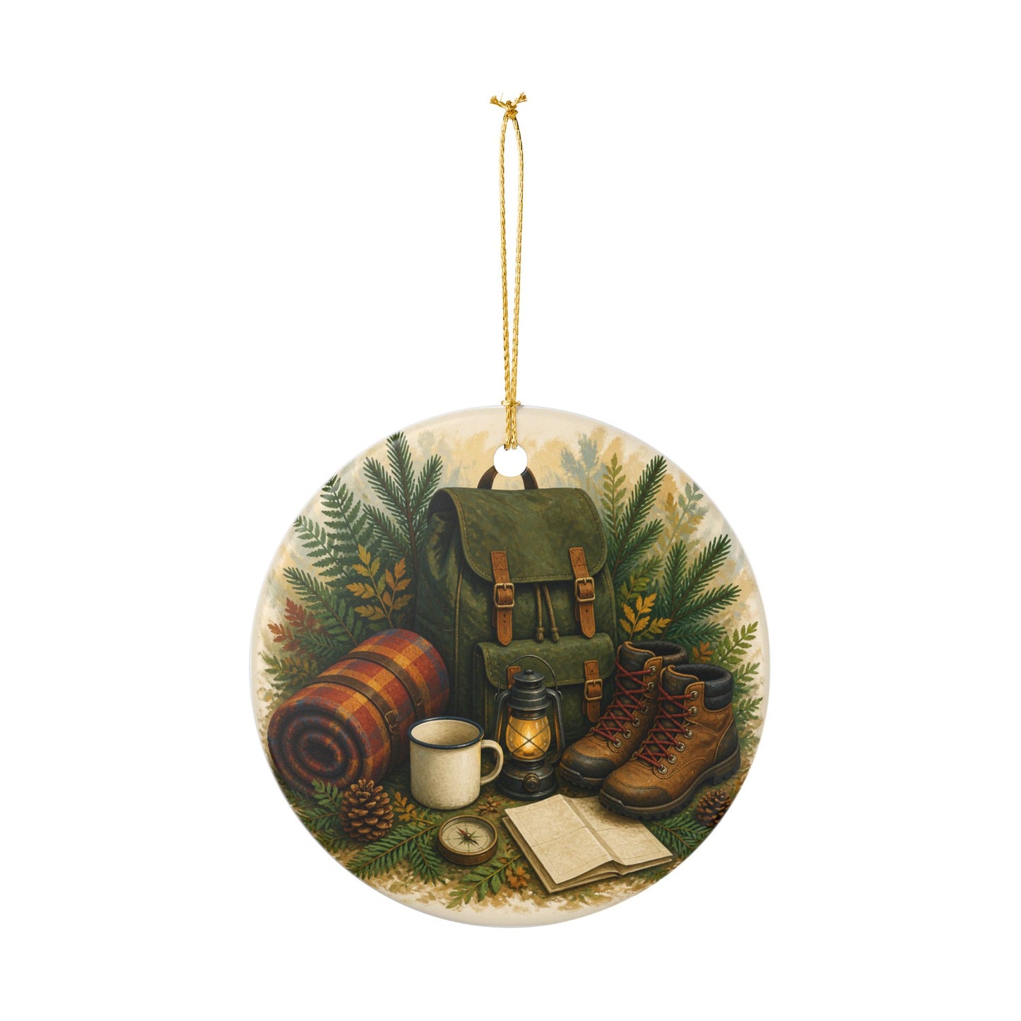 Generic Camping Gear Outdoor Adventure Art Ceramic Ornament, Holiday Keepsake an