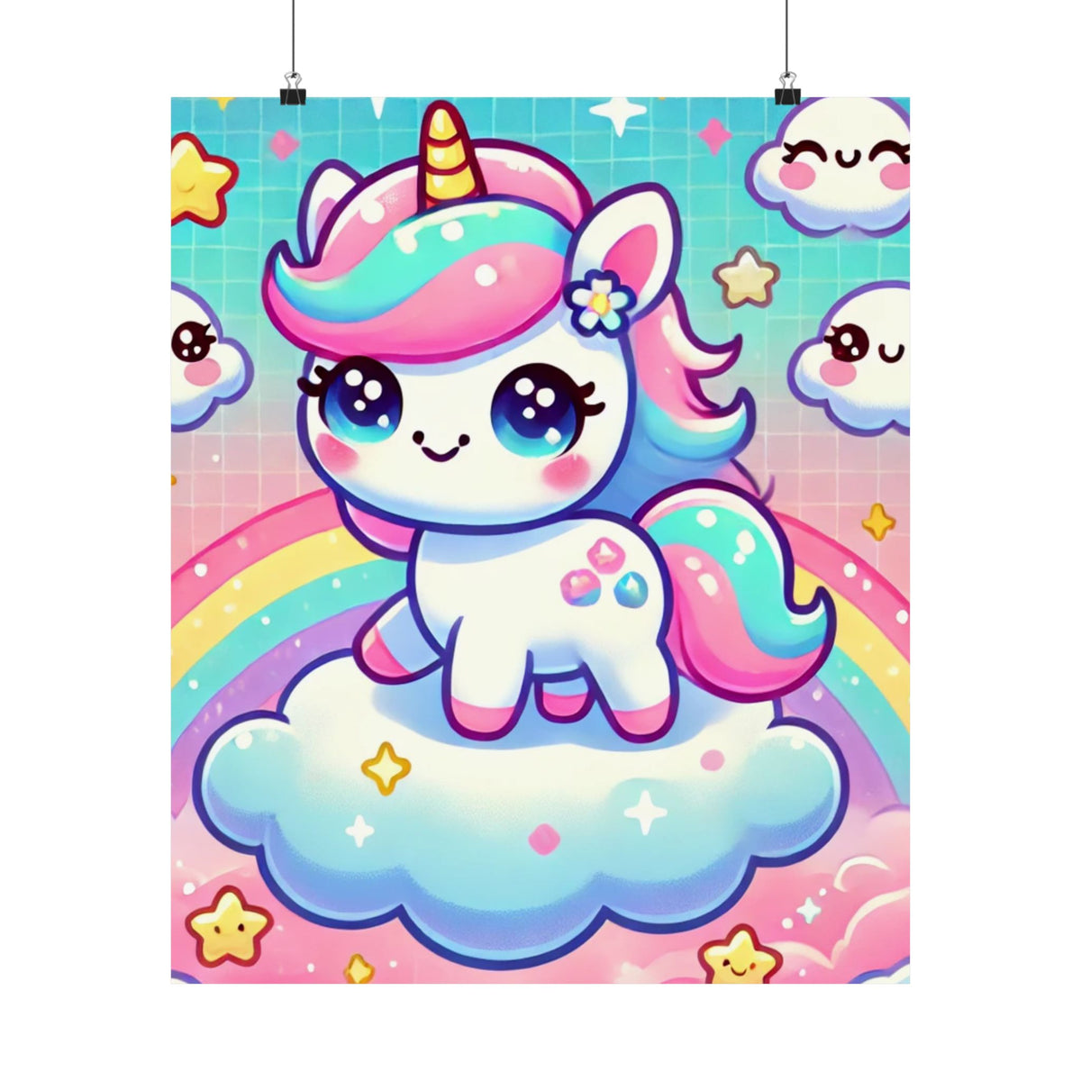 Pastel Rainbow Unicorn Cloud Kawaii Wall Art Poster