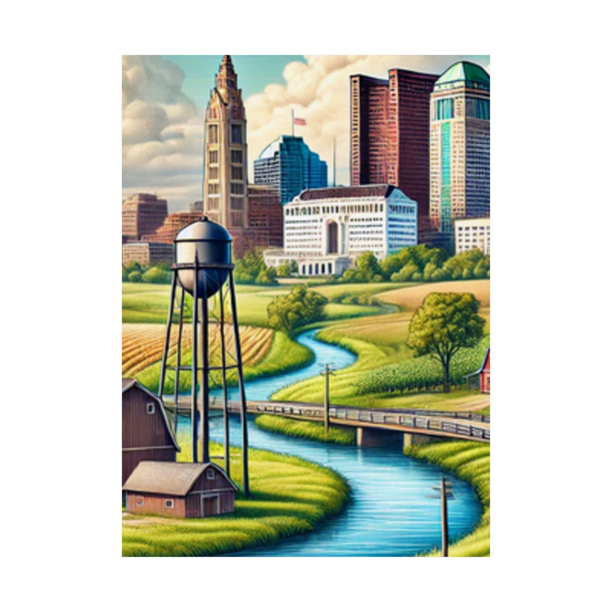 Rural River City Skyline Hometown Landscape Poster Art