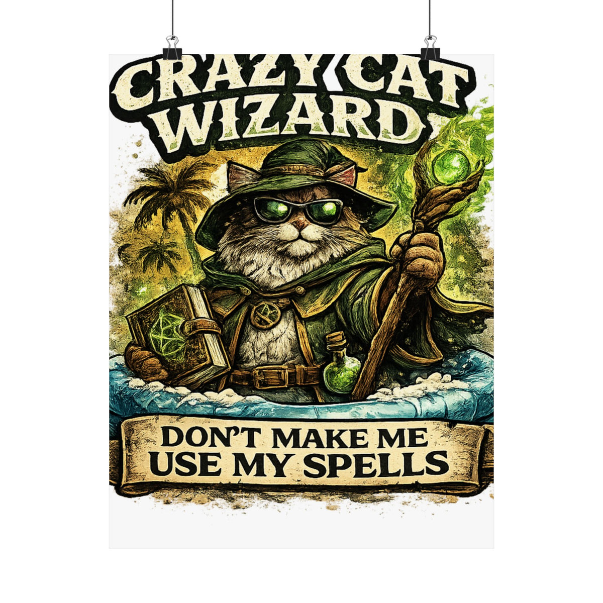 Crazy Cat Wizard Funny Fantasy Magic Art Poster