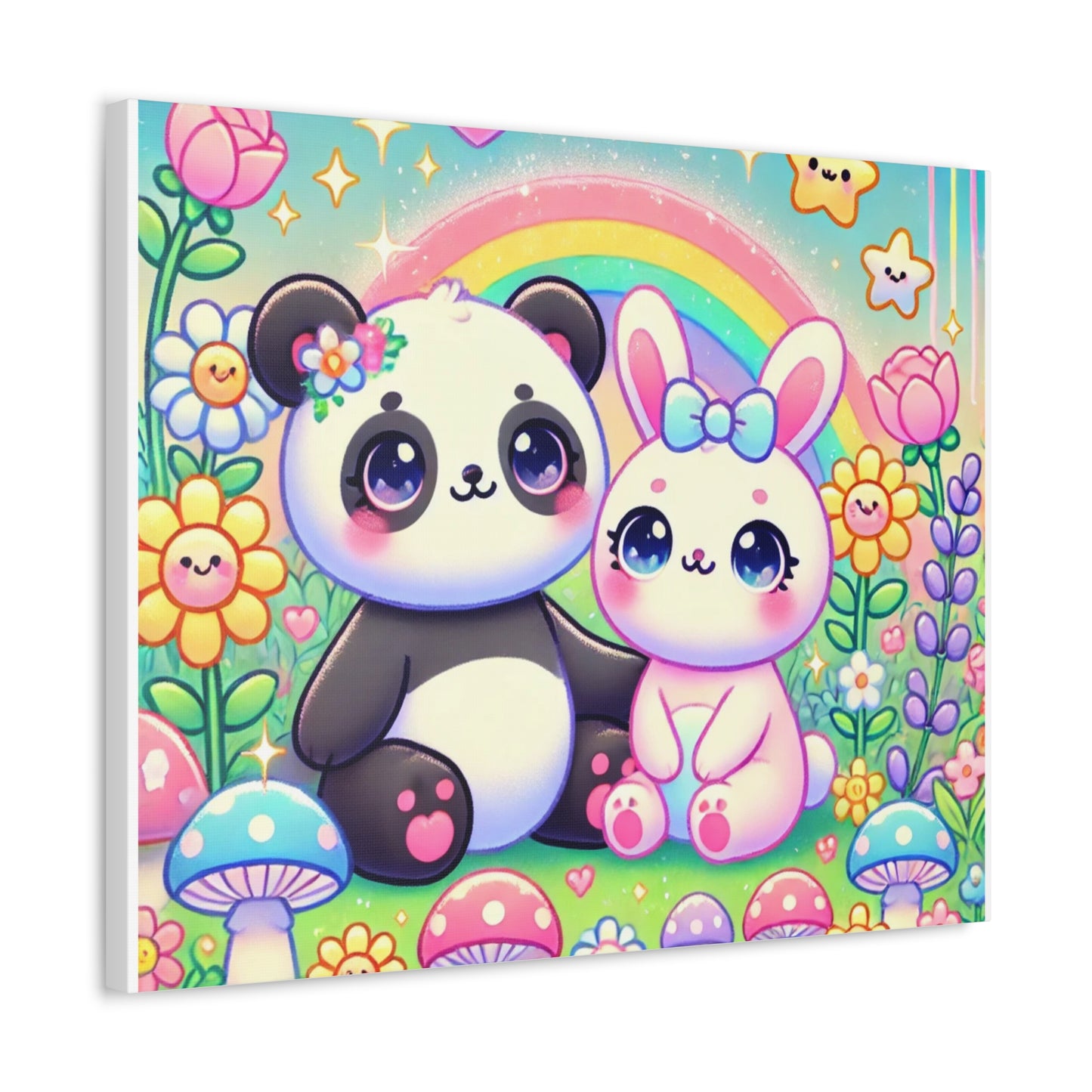 Pastel Panda and Bunny Rainbow Garden Canvas Wall Art