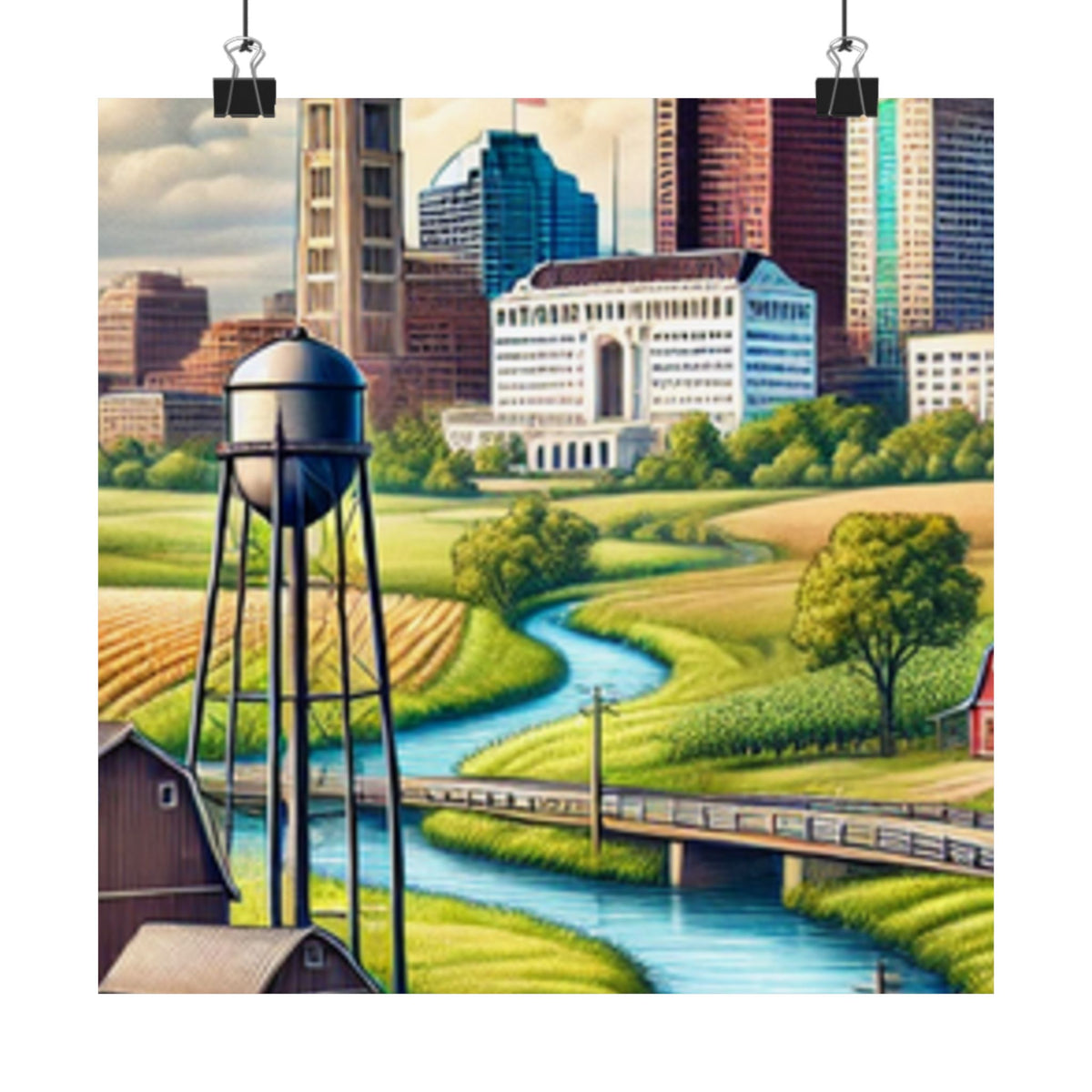 Rural River City Skyline Hometown Landscape Poster Art