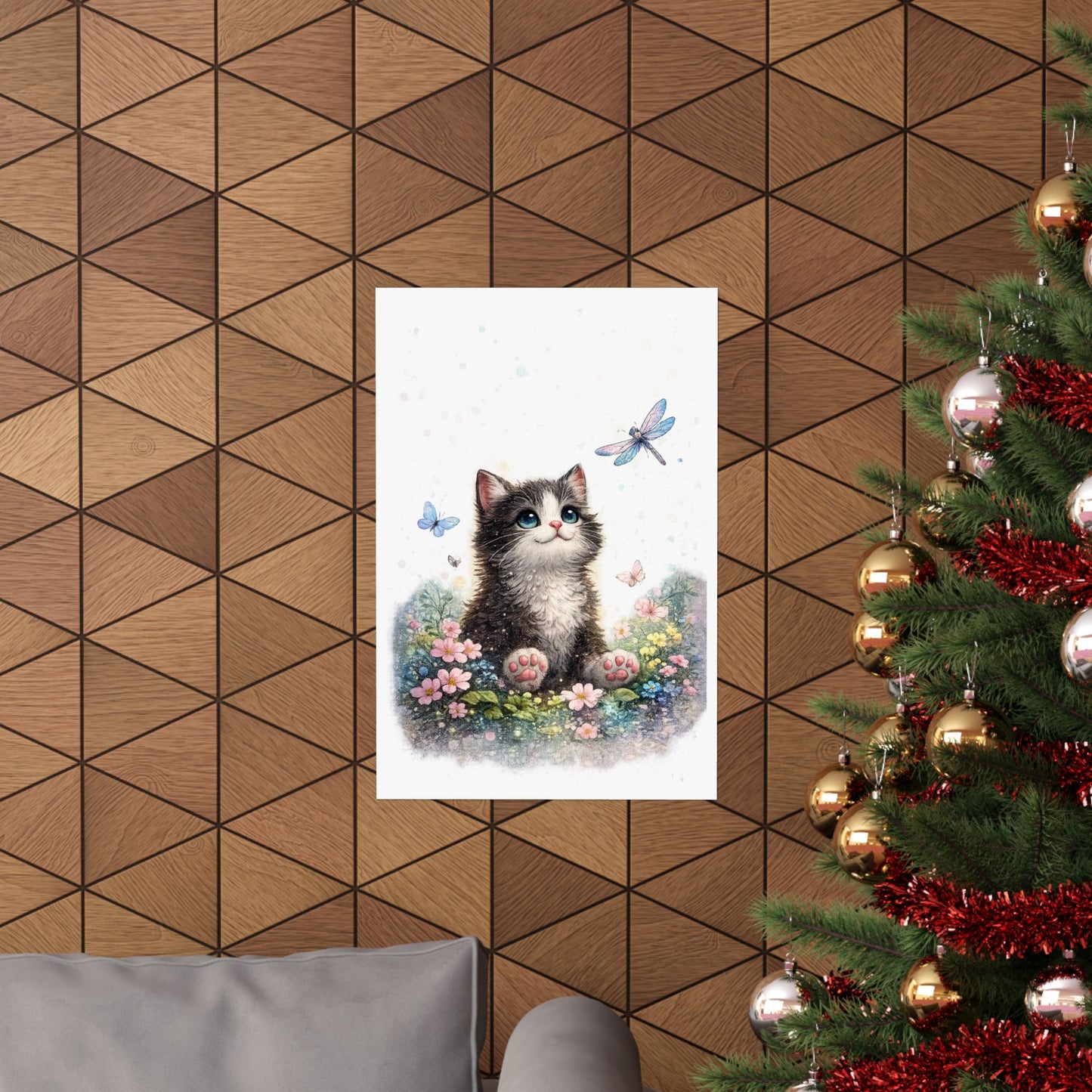 Whimsical Kitten Butterfly Garden Art Poster