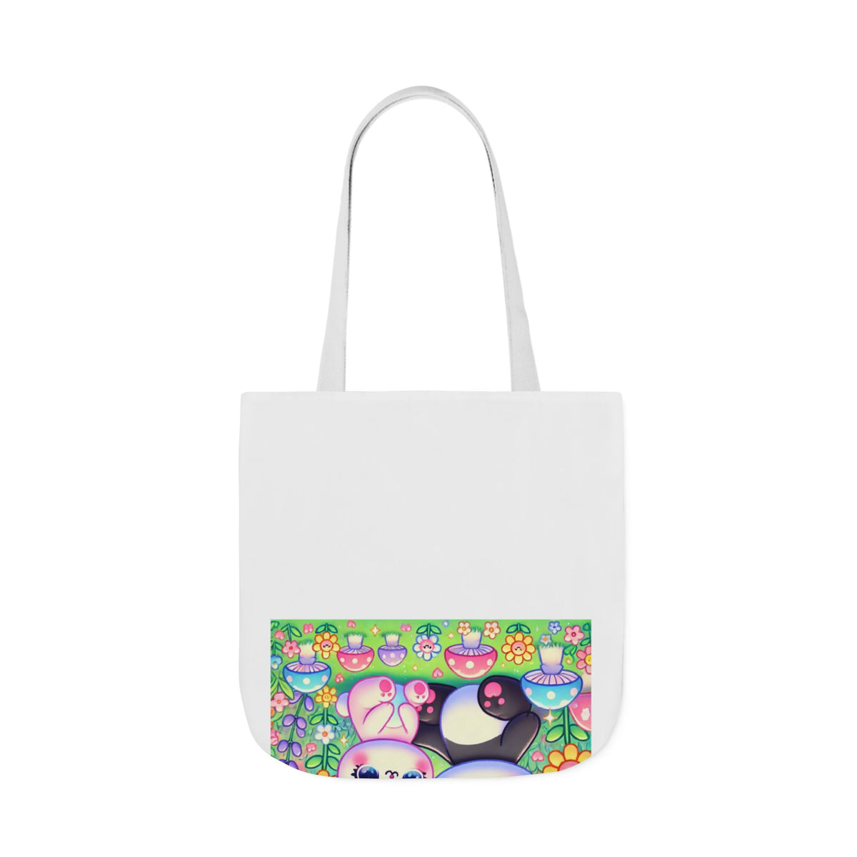 Pastel Panda and Bunny Rainbow Garden Canvas Tote Bag
