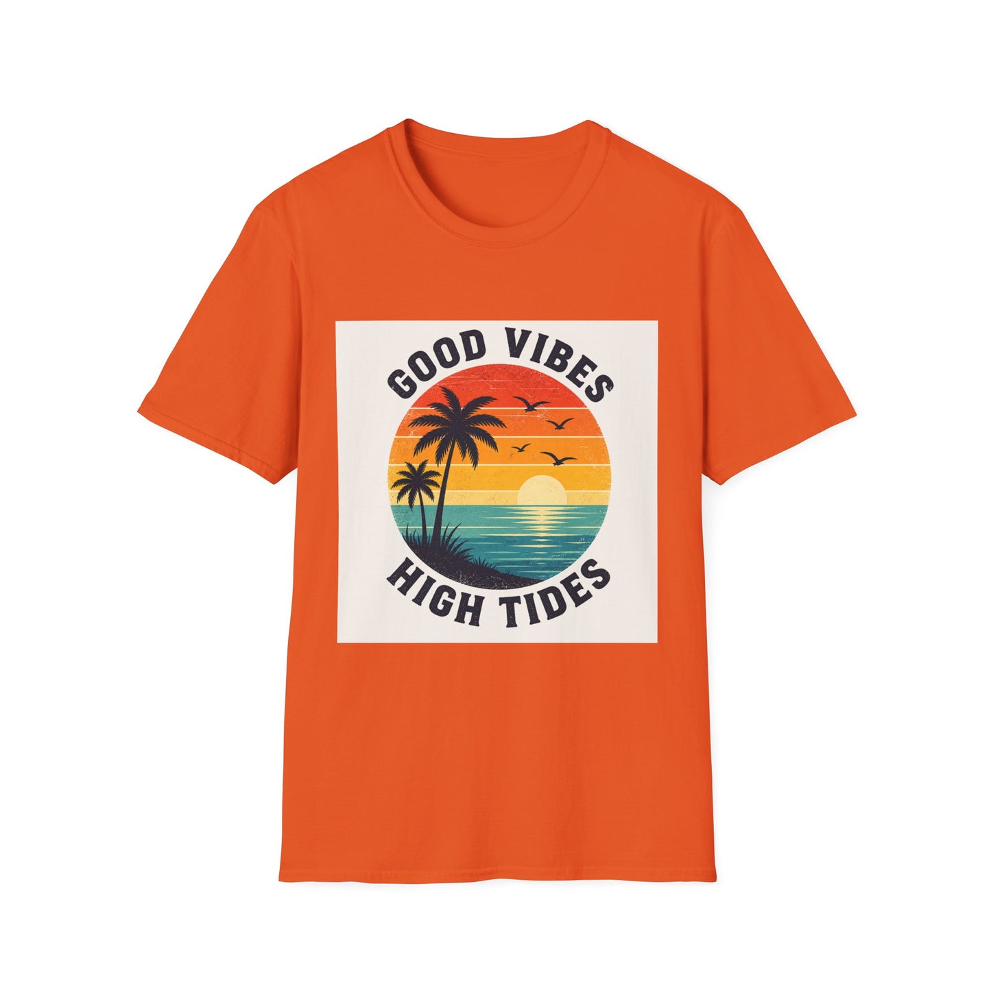 Good Vibes High Tides T-Shirt | Retro Sunset Palm Beach Design
