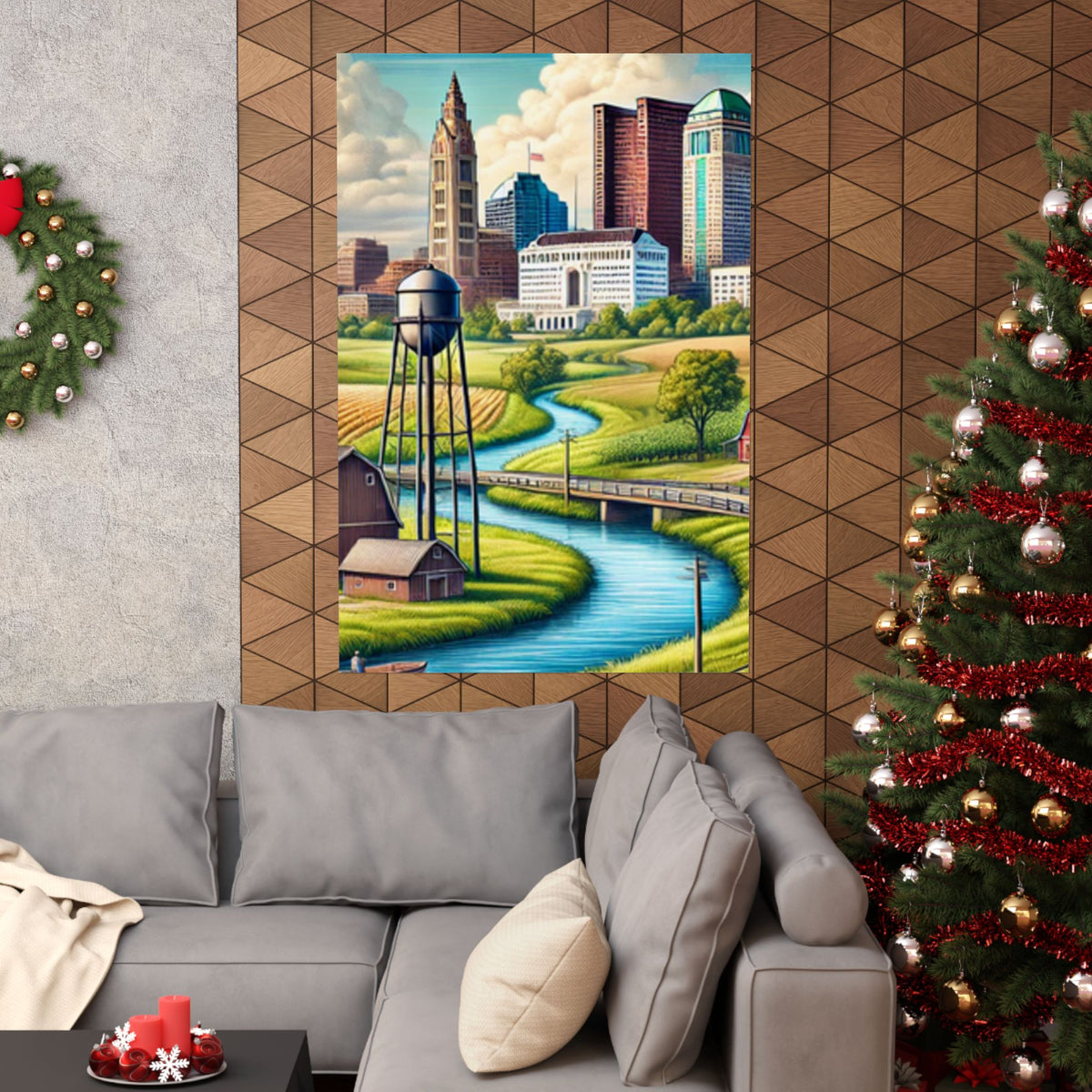 Rural River City Skyline Hometown Landscape Poster Art