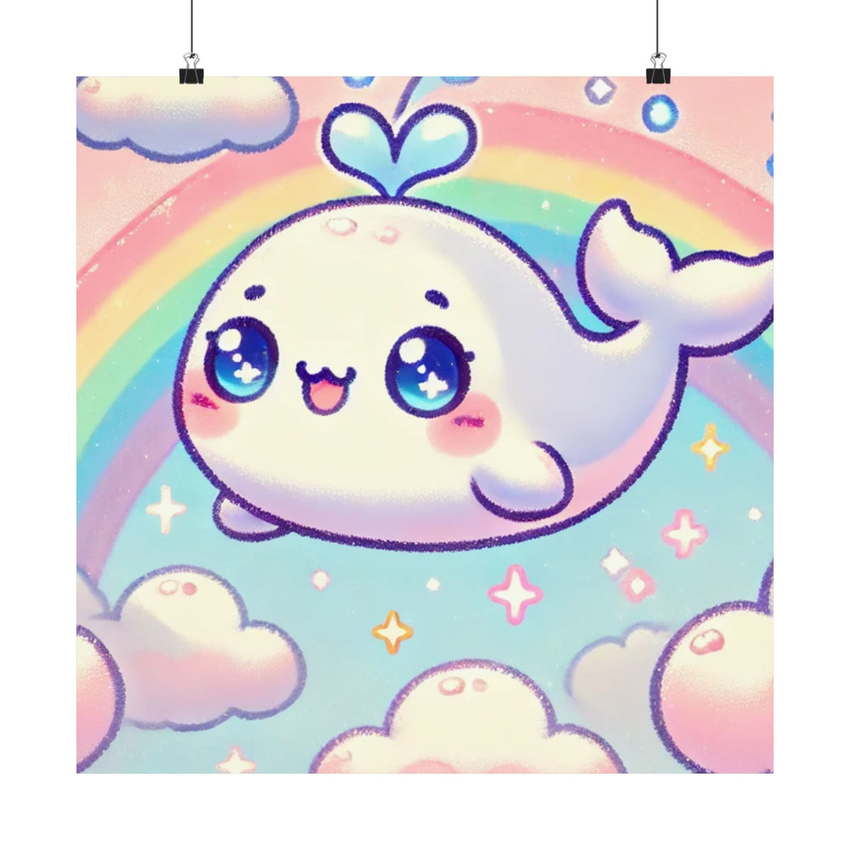 Kawaii Rainbow Whale Pastel Cloud Wall Art Poster