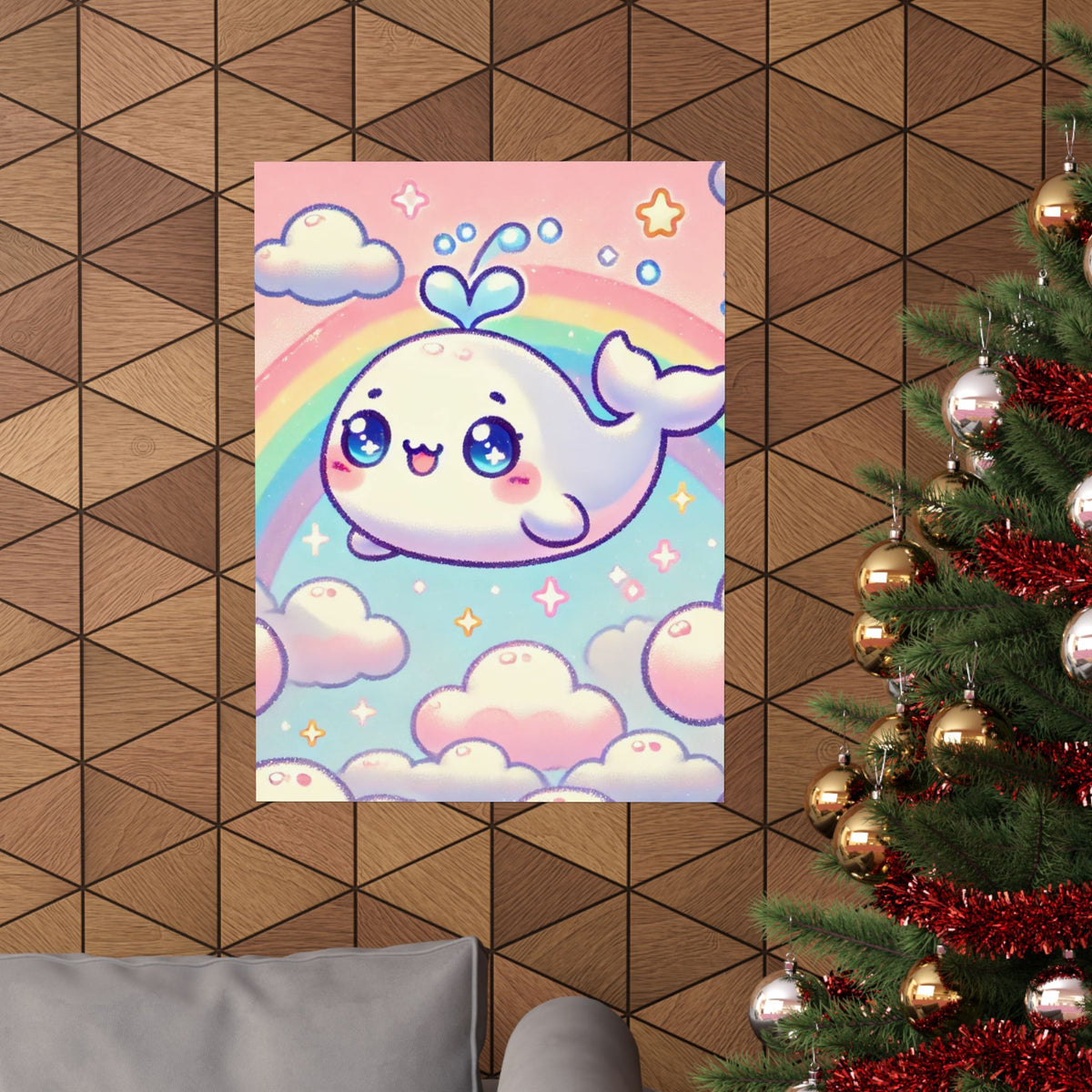 Kawaii Rainbow Whale Pastel Cloud Wall Art Poster