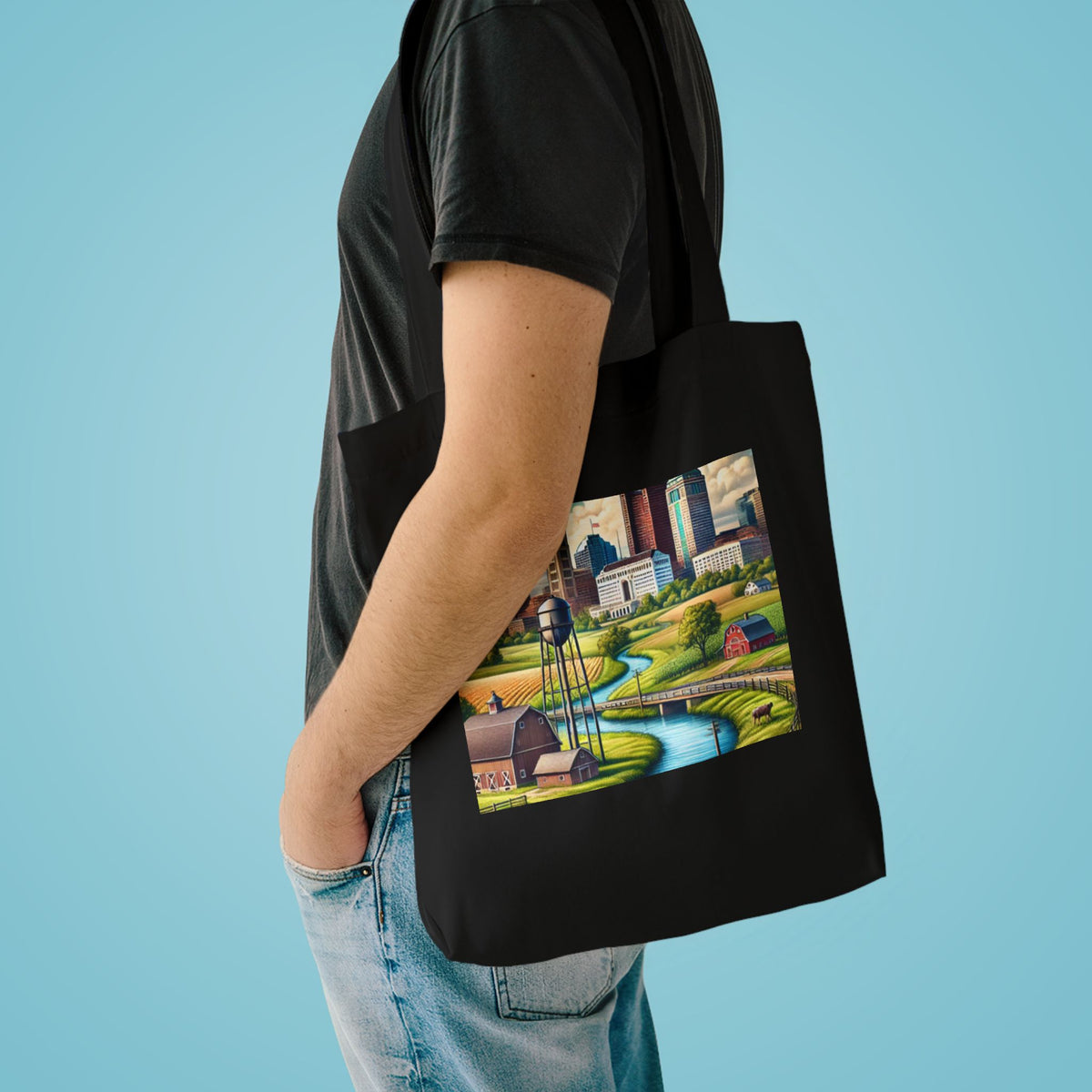 Rural River City Skyline Hometown Landscape Tote Bag