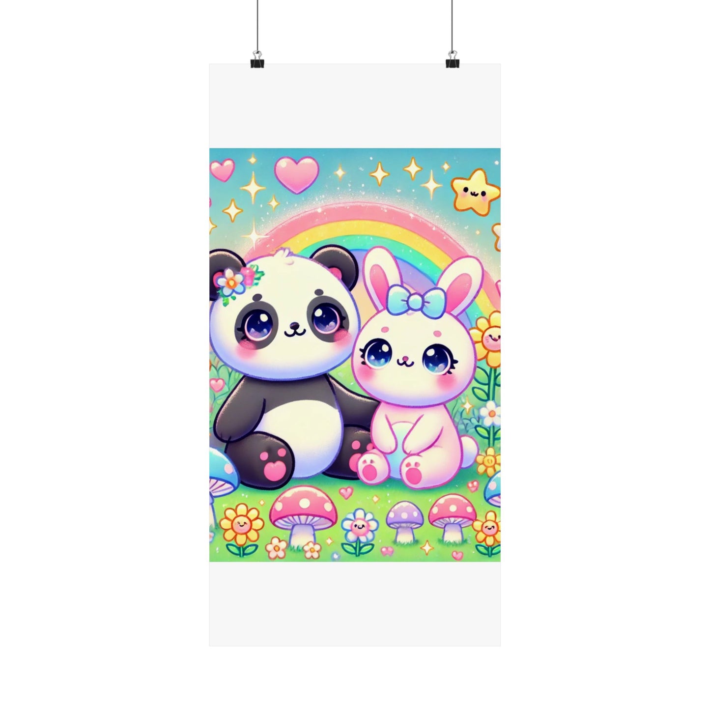 Pastel Panda and Bunny Rainbow Garden Wall Art Poster