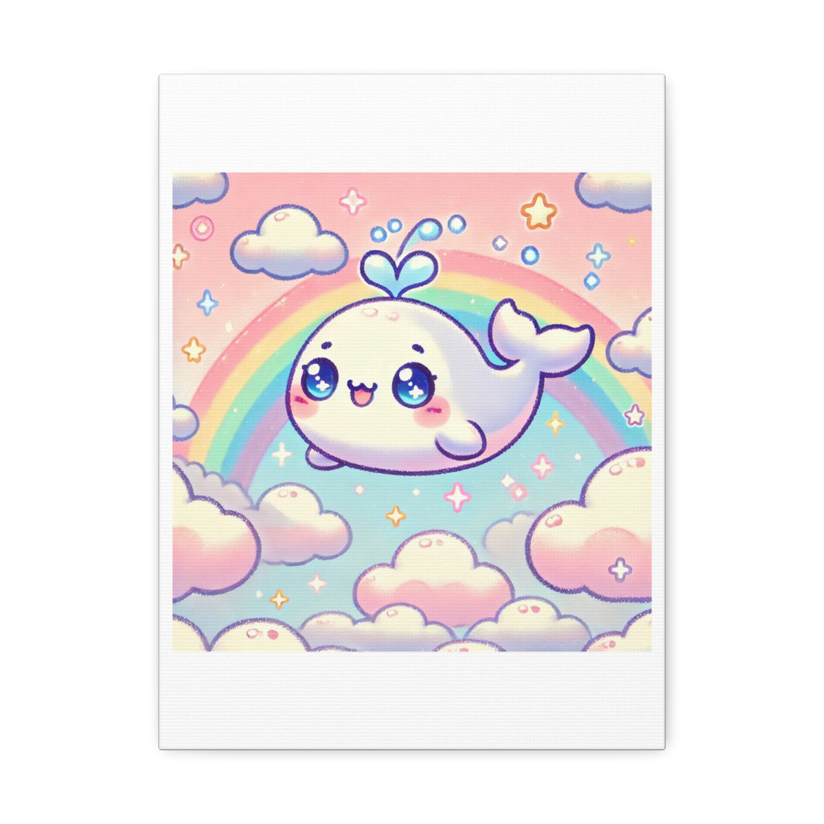 Kawaii Rainbow Whale Pastel Cloud Canvas Wall Art