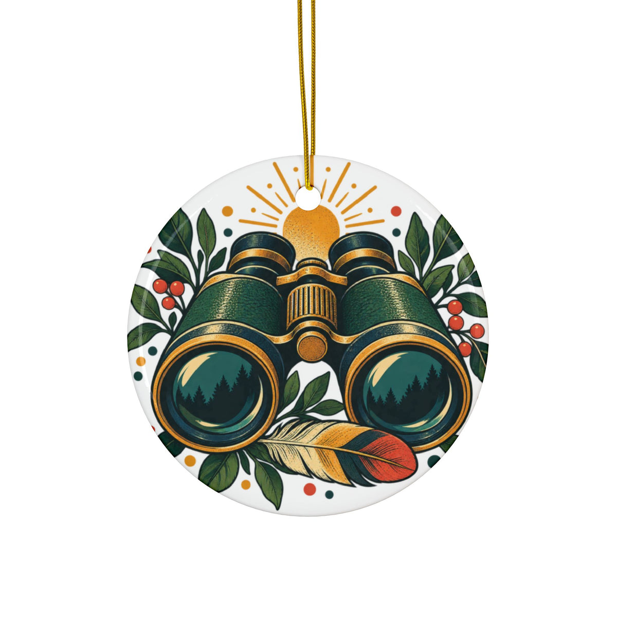 Retro Binoculars and Botanical Birdwatching Art Round Ornament