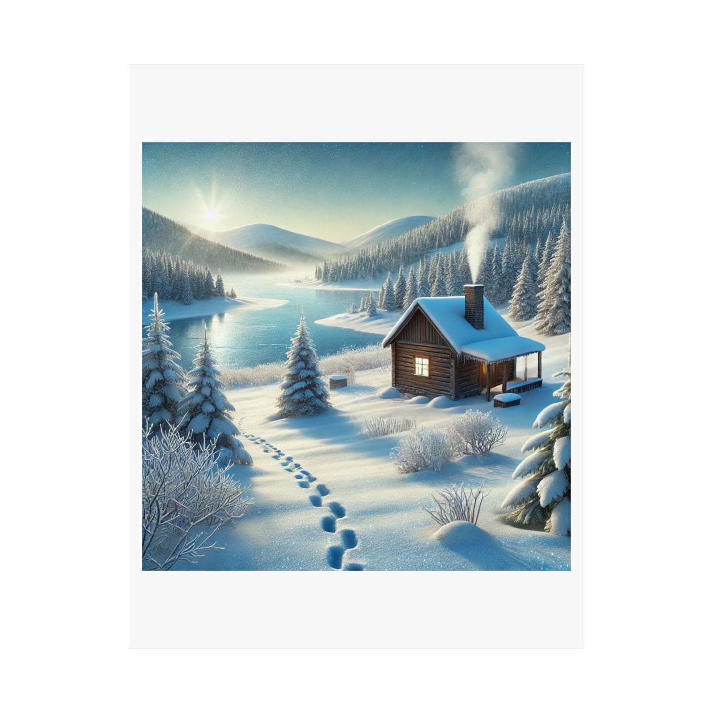 Snowy Cabin Winter Lake Landscape Art Poster
