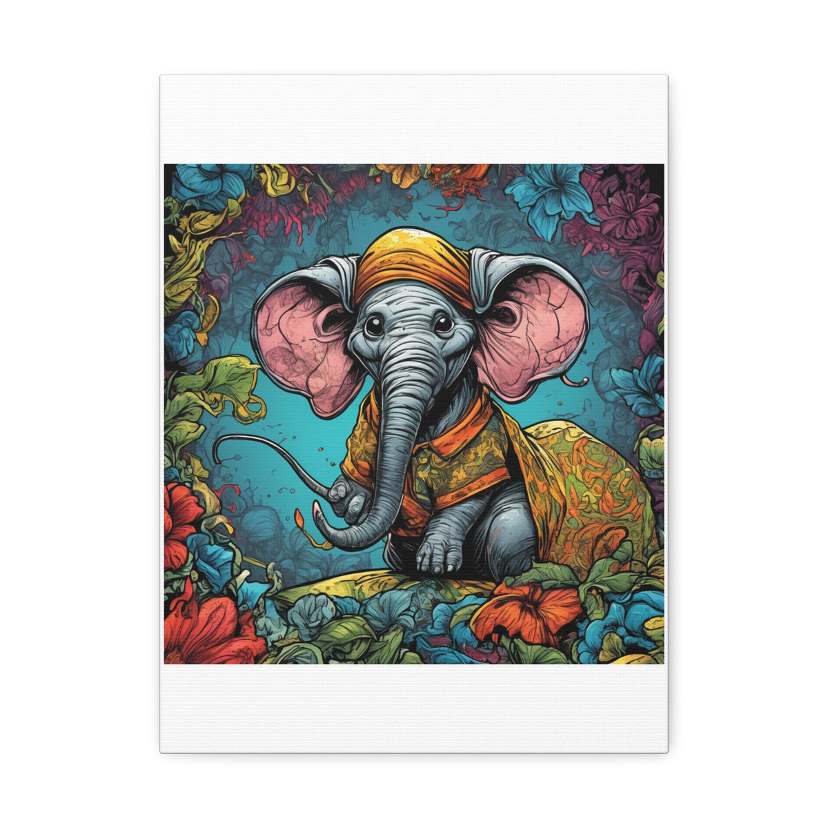 Colorful Storybook Elephant Floral Garden Canvas Wall Art
