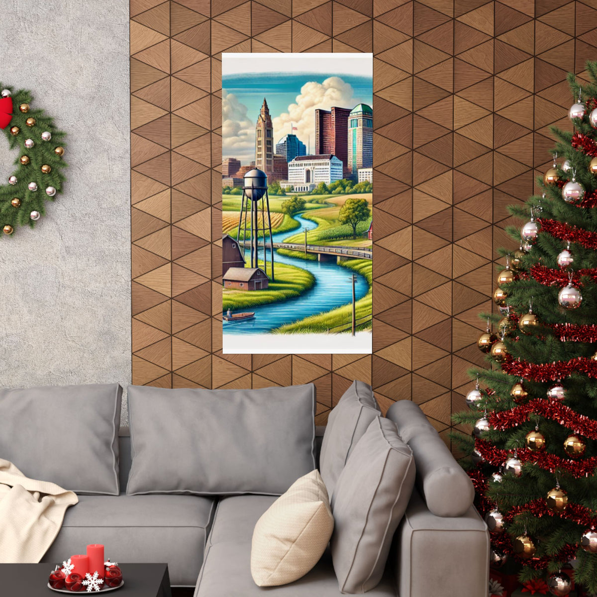 Rural River City Skyline Hometown Landscape Poster Art