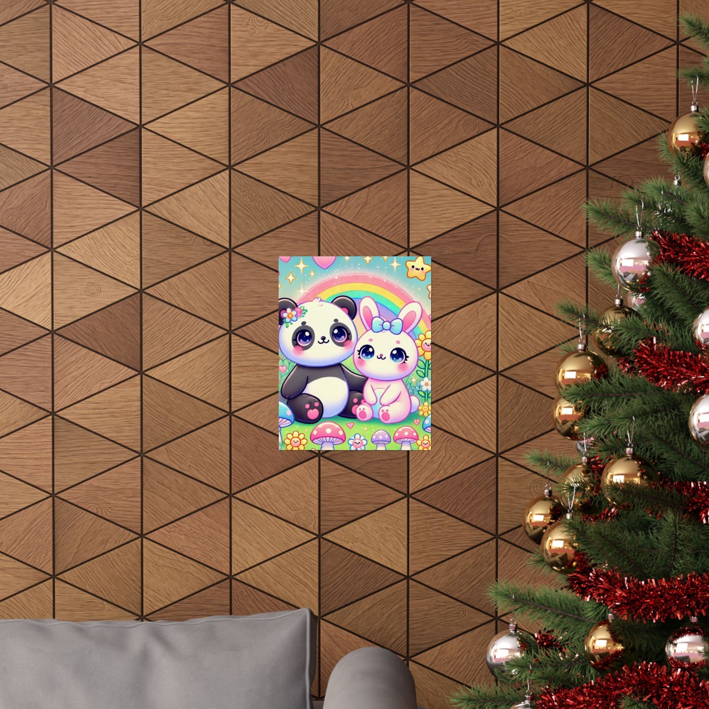 Pastel Panda and Bunny Rainbow Garden Wall Art Poster