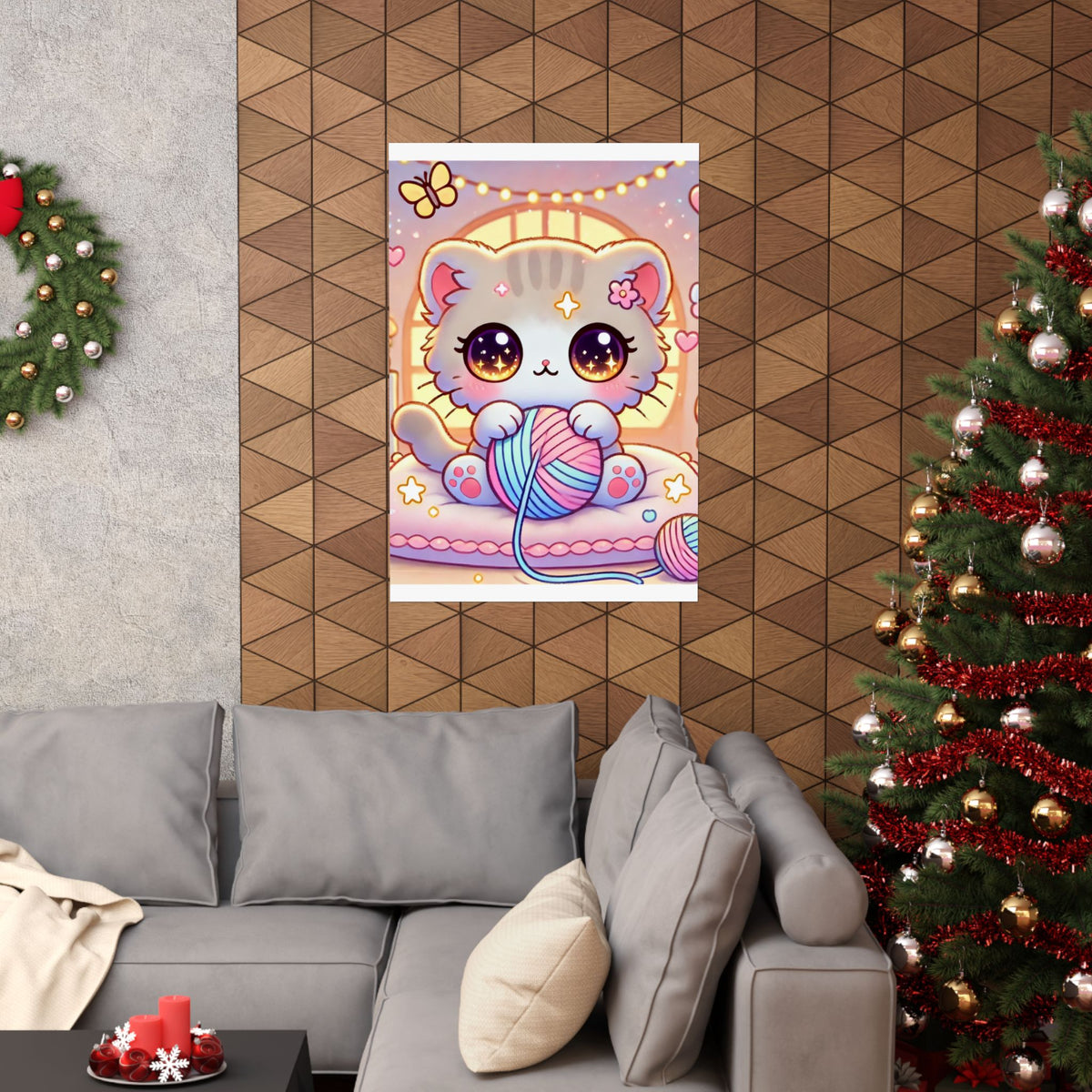 Cozy Kawaii Knitting Cat Pastel Yarn Wall Art Poster