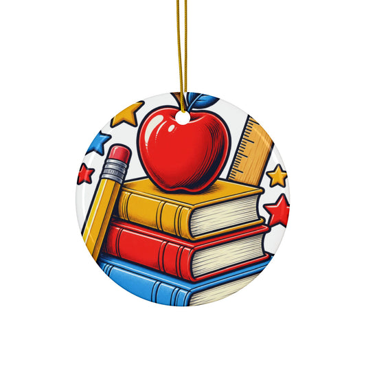 Retro School Books Apple Teacher Appreciation Art Ceramic Ornament, Holiday Keep
