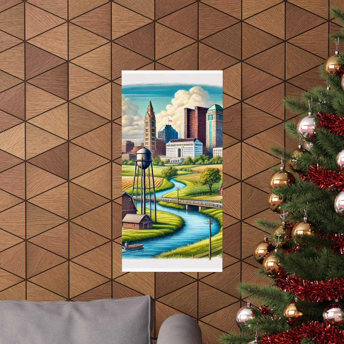 Rural River City Skyline Hometown Landscape Poster Art