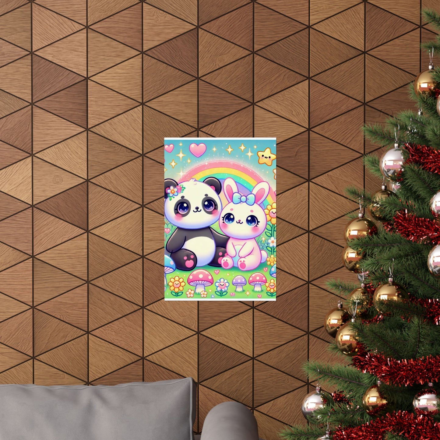 Pastel Panda and Bunny Rainbow Garden Wall Art Poster