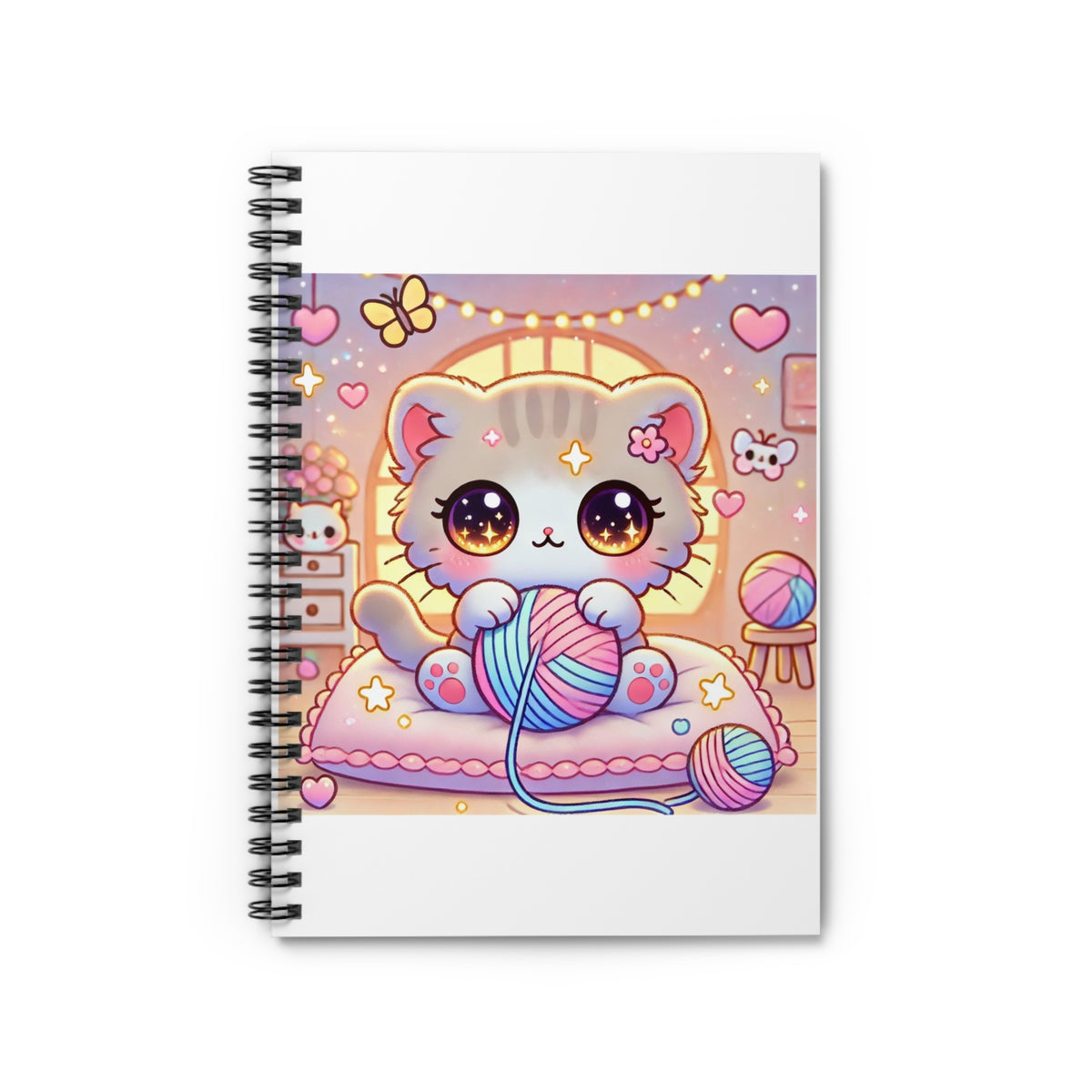 Cozy Kawaii Knitting Cat Pastel Yarn Spiral Notebook
