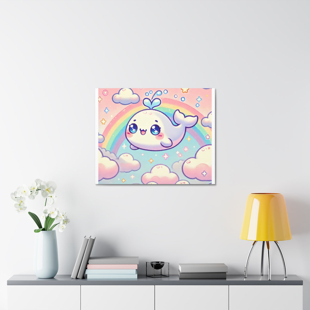 Kawaii Rainbow Whale Pastel Cloud Canvas Wall Art