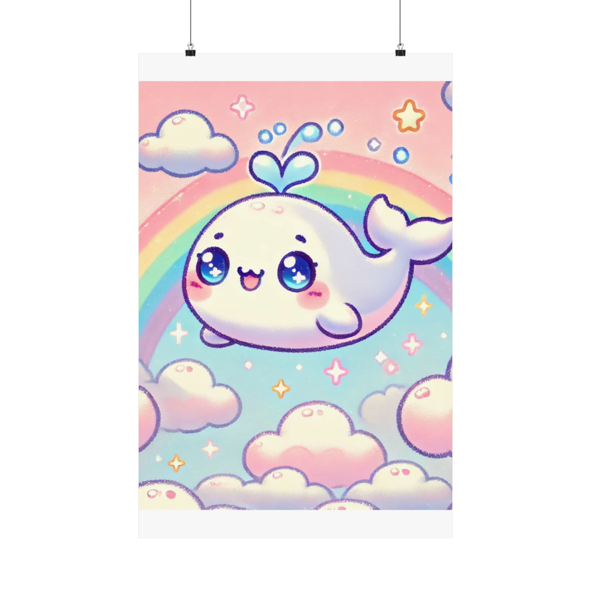 Kawaii Rainbow Whale Pastel Cloud Wall Art Poster