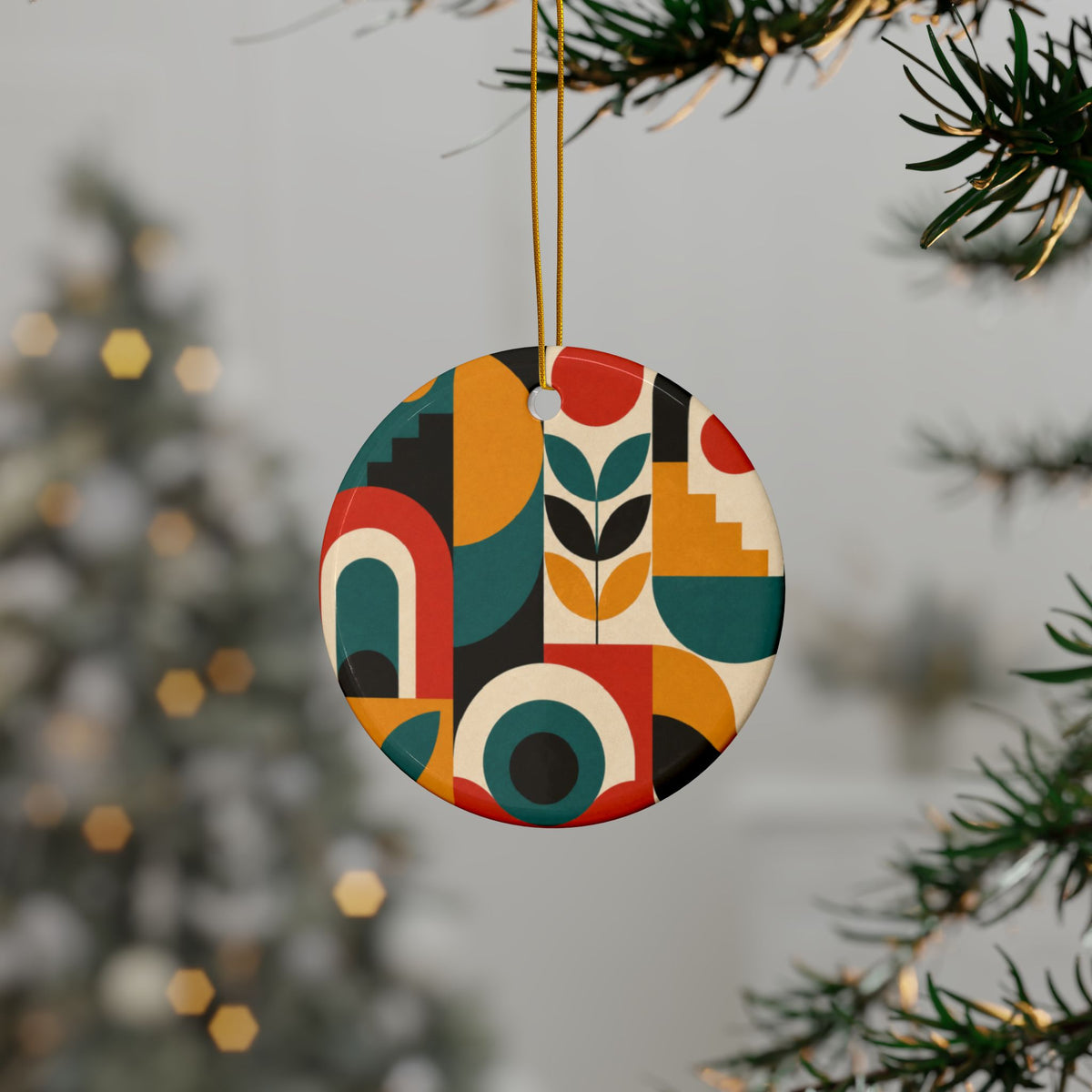 Mid Century Arches Botanical Geometric Abstract Ceramic Ornament, Holiday Keepsa