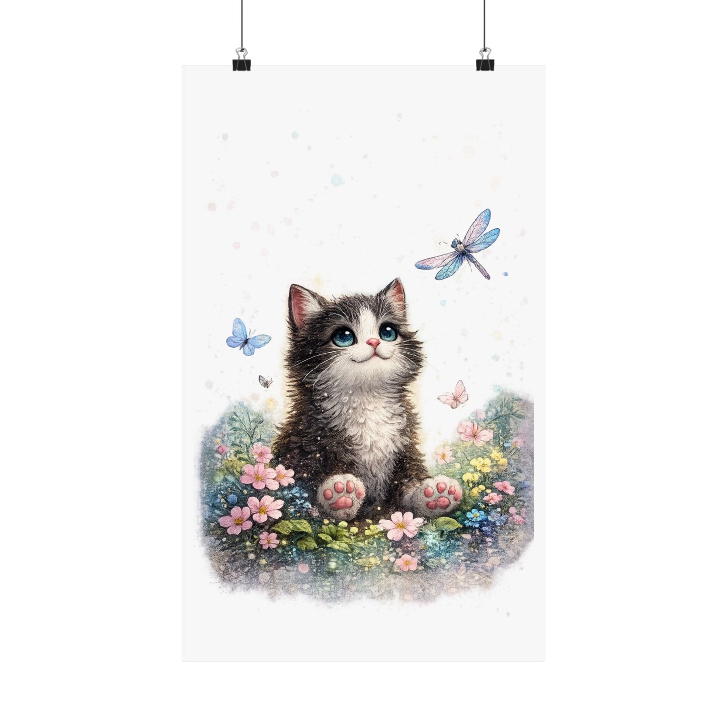 Whimsical Kitten Butterfly Garden Art Poster