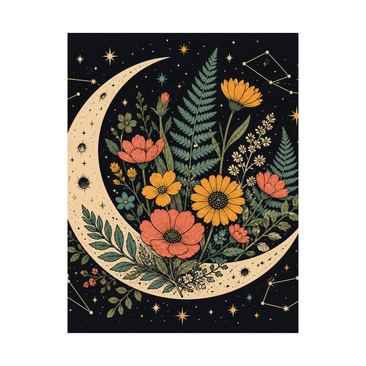 Celestial Wildflower Crescent Moon Botanical Art Poster