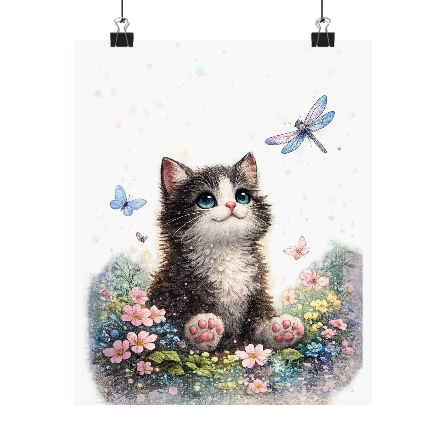 Whimsical Kitten Butterfly Garden Art Poster
