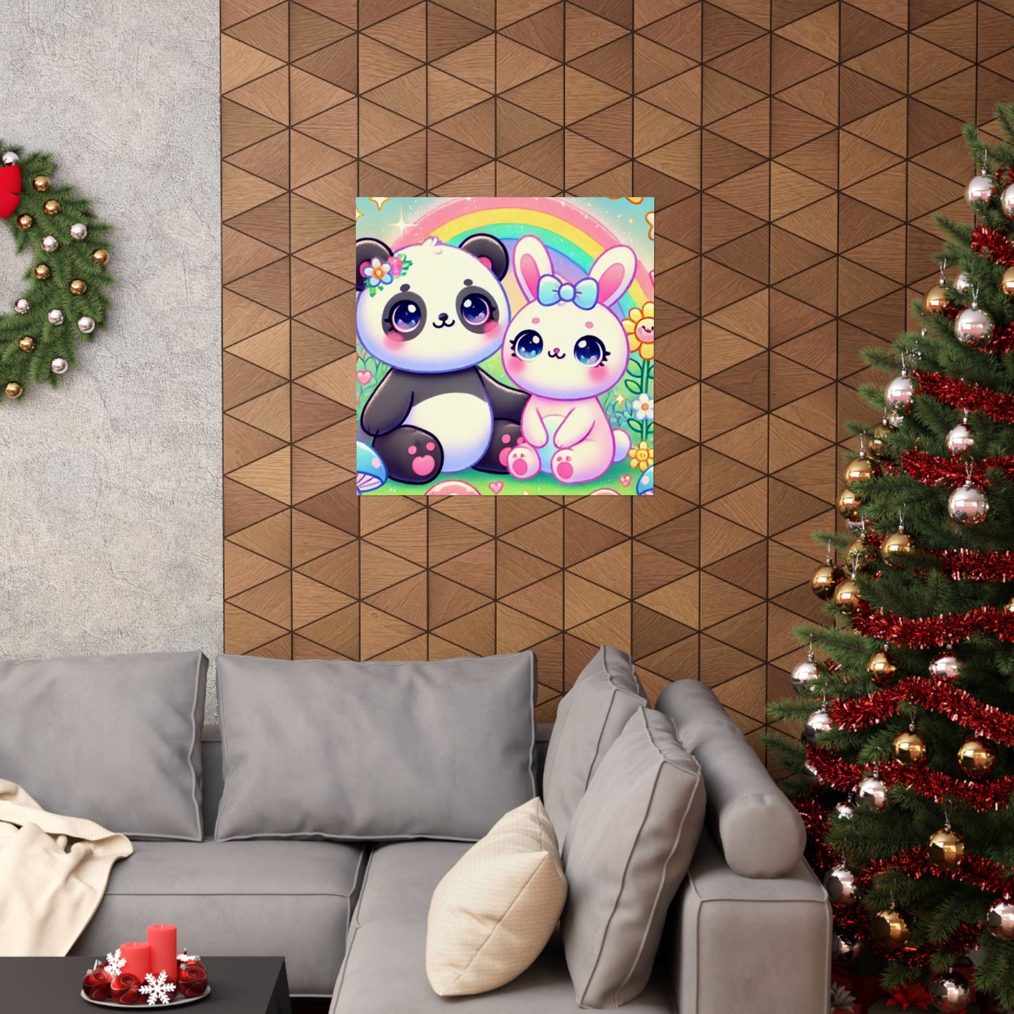Pastel Panda and Bunny Rainbow Garden Wall Art Poster