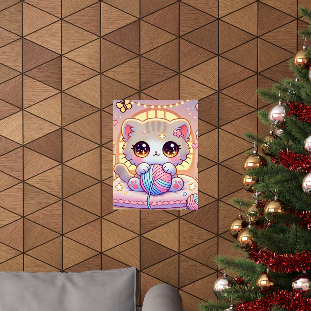 Cozy Kawaii Knitting Cat Pastel Yarn Wall Art Poster