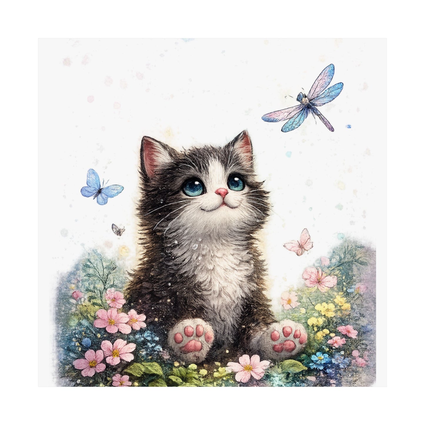 Whimsical Kitten Butterfly Garden Art Poster