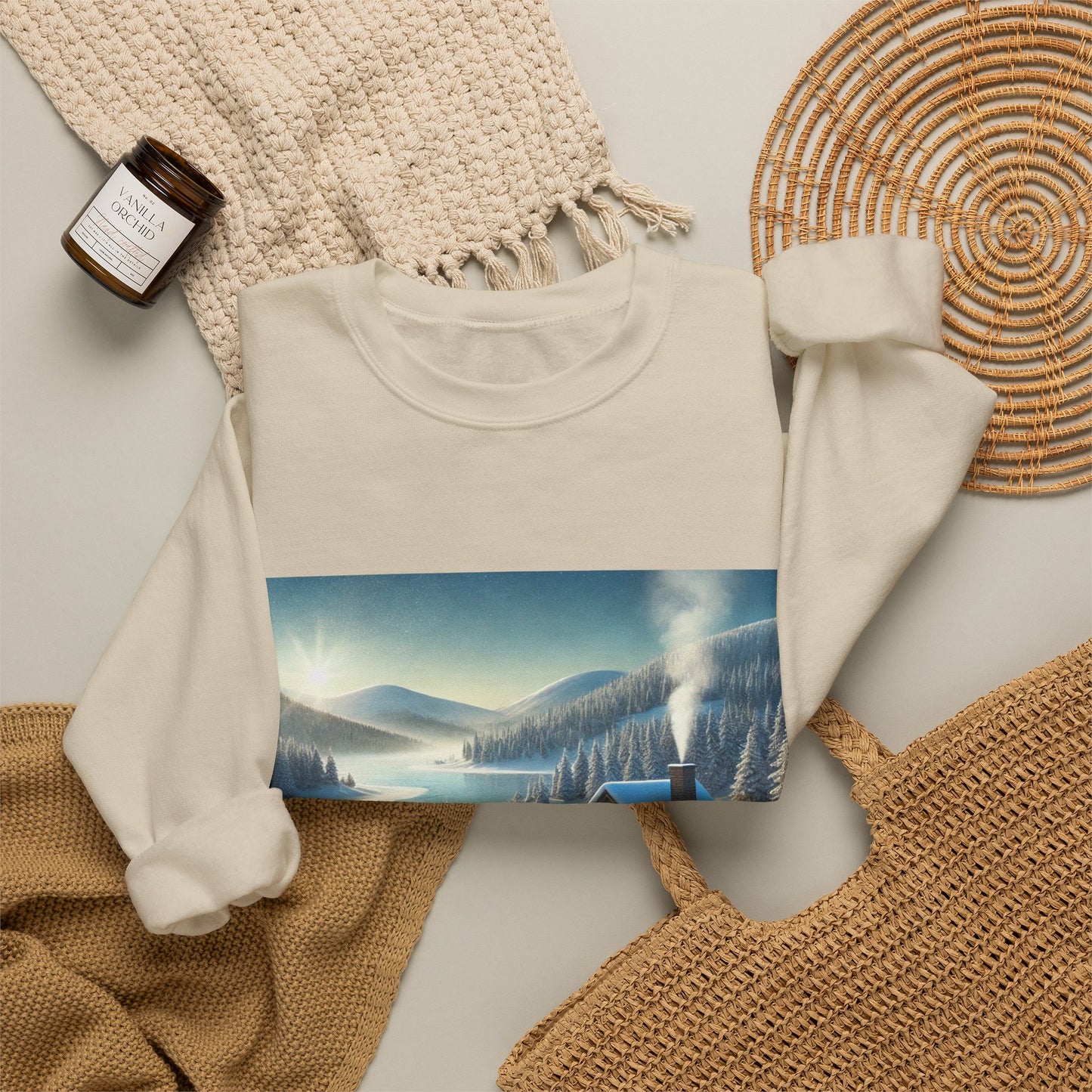 Snowy Cabin Winter Lake Landscape Art Sweatshirt