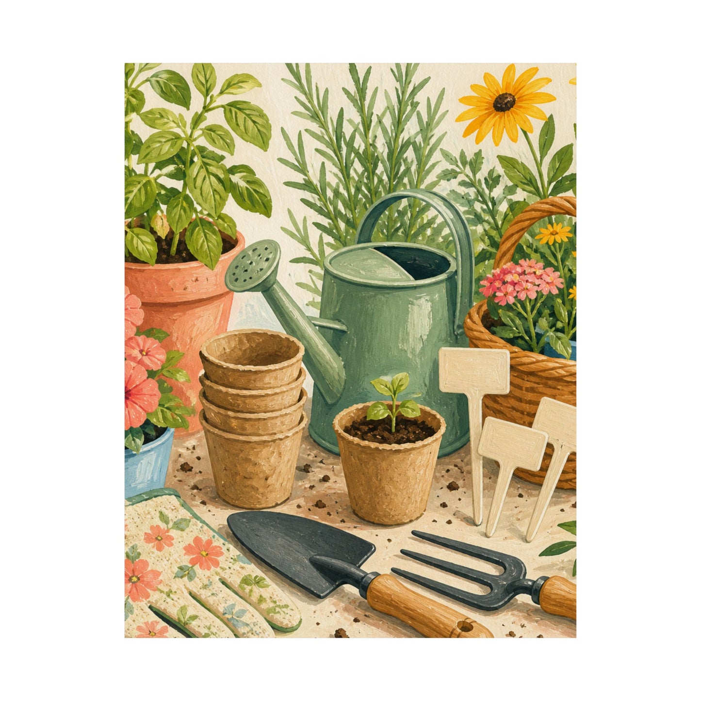 Colorful Gardening Tools and Flowers Hobby Poster