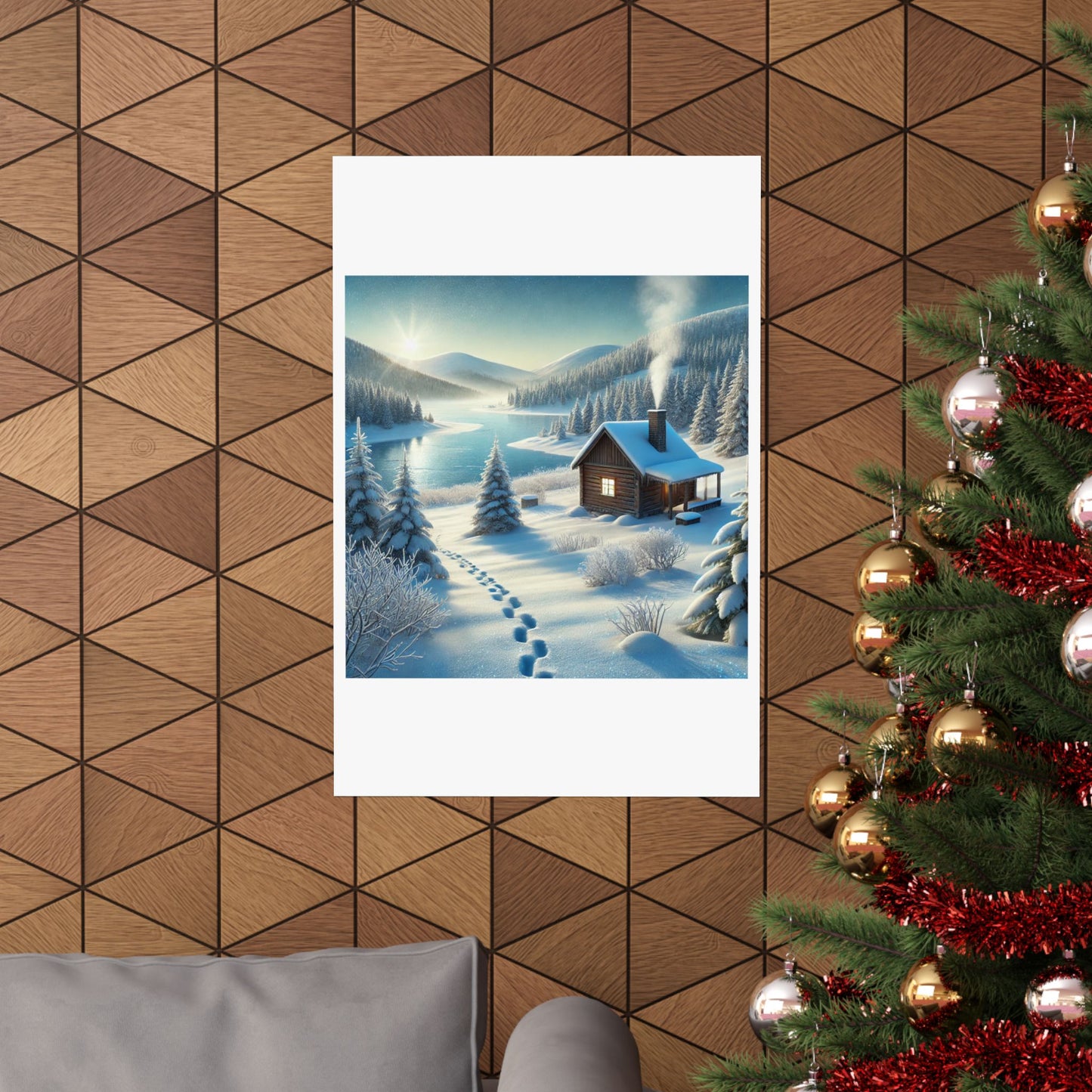 Snowy Cabin Winter Lake Landscape Art Poster