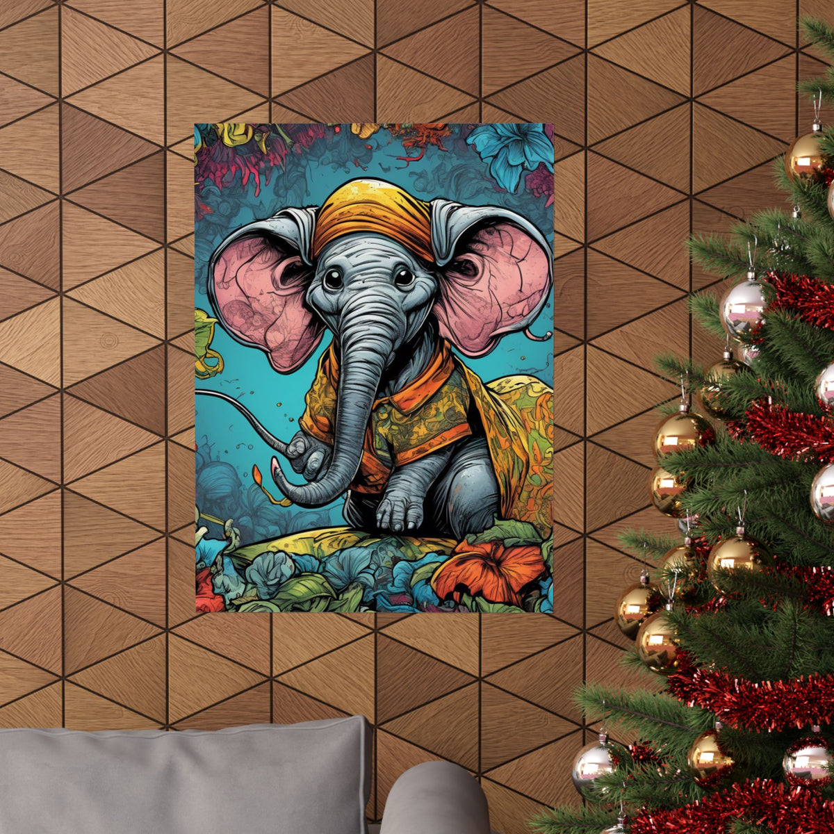 Colorful Storybook Elephant Floral Garden Wall Art Poster