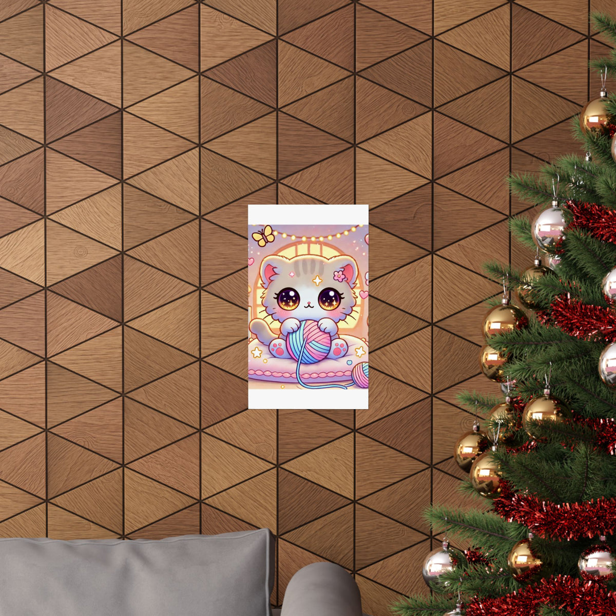 Cozy Kawaii Knitting Cat Pastel Yarn Wall Art Poster