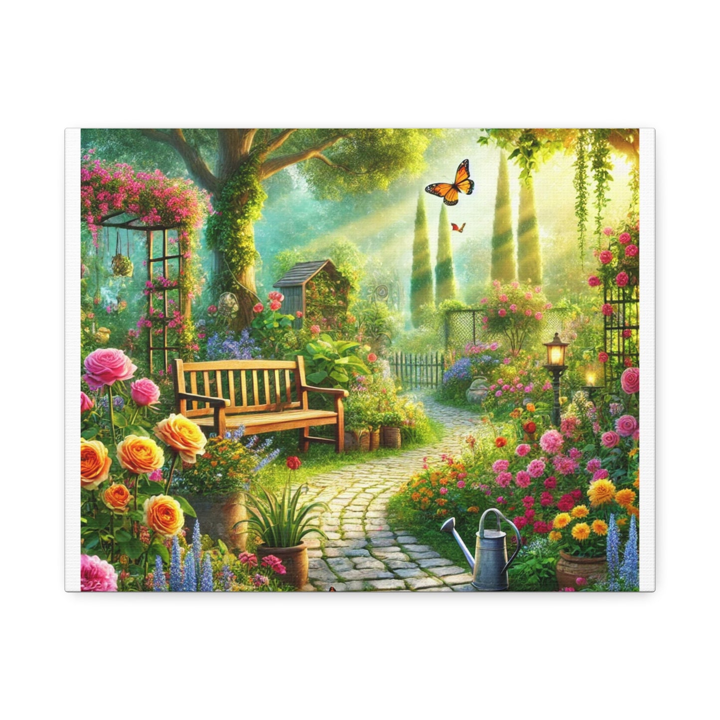 Sunlit Spring Flower Garden Bench Canvas