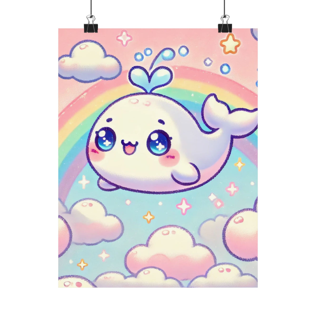 Kawaii Rainbow Whale Pastel Cloud Wall Art Poster