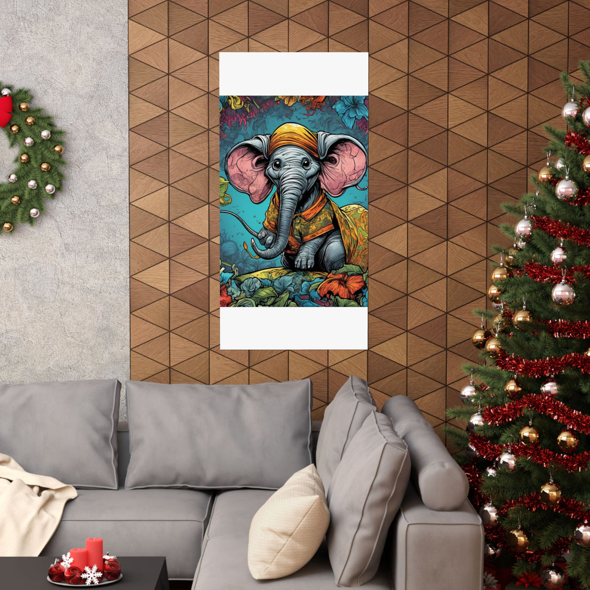 Colorful Storybook Elephant Floral Garden Wall Art Poster