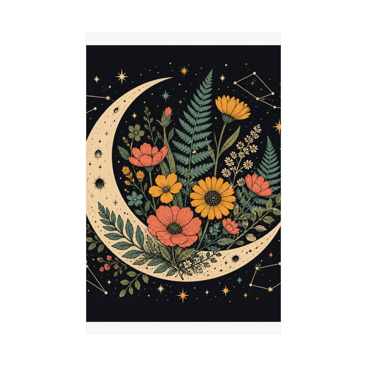 Celestial Wildflower Crescent Moon Botanical Art Poster