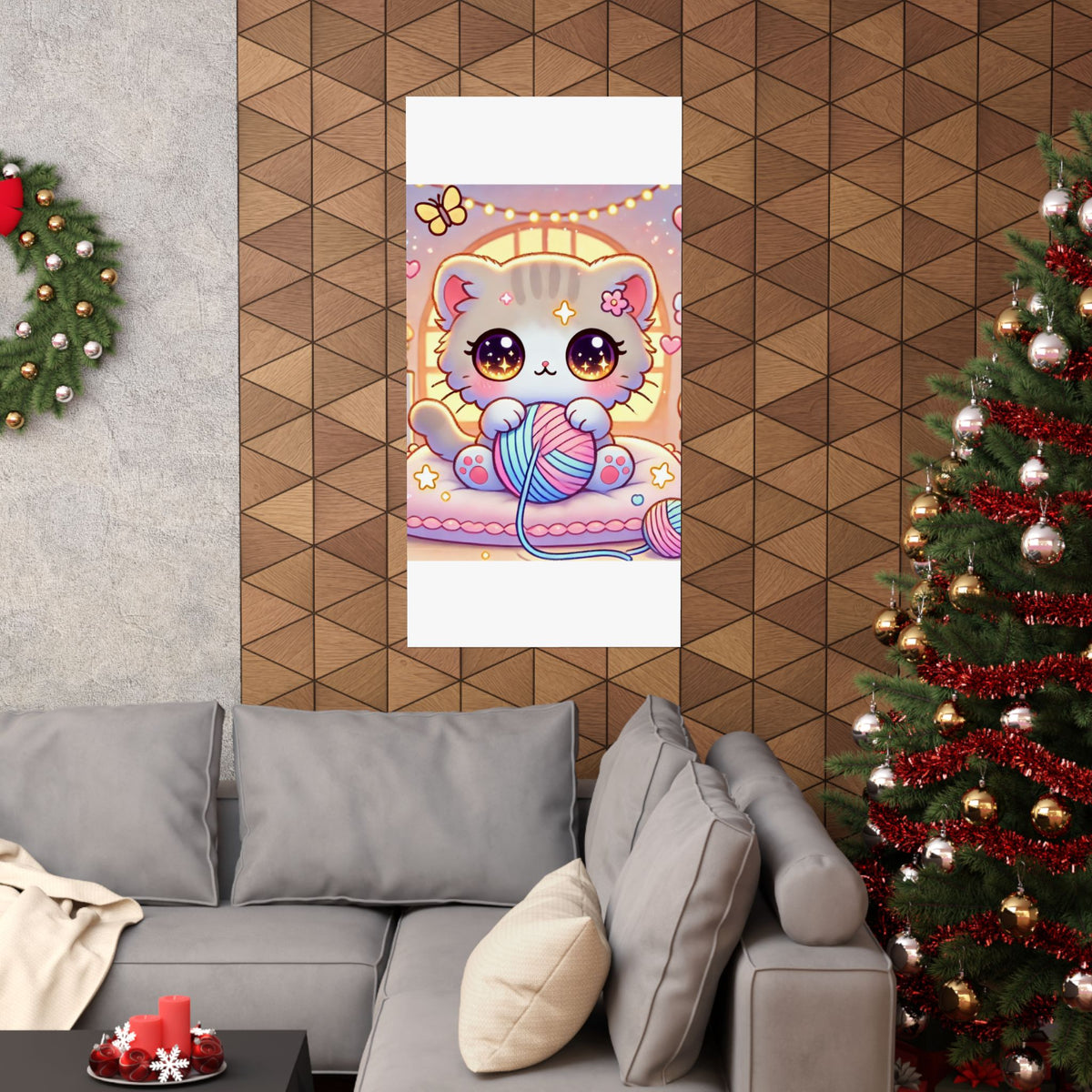 Cozy Kawaii Knitting Cat Pastel Yarn Wall Art Poster