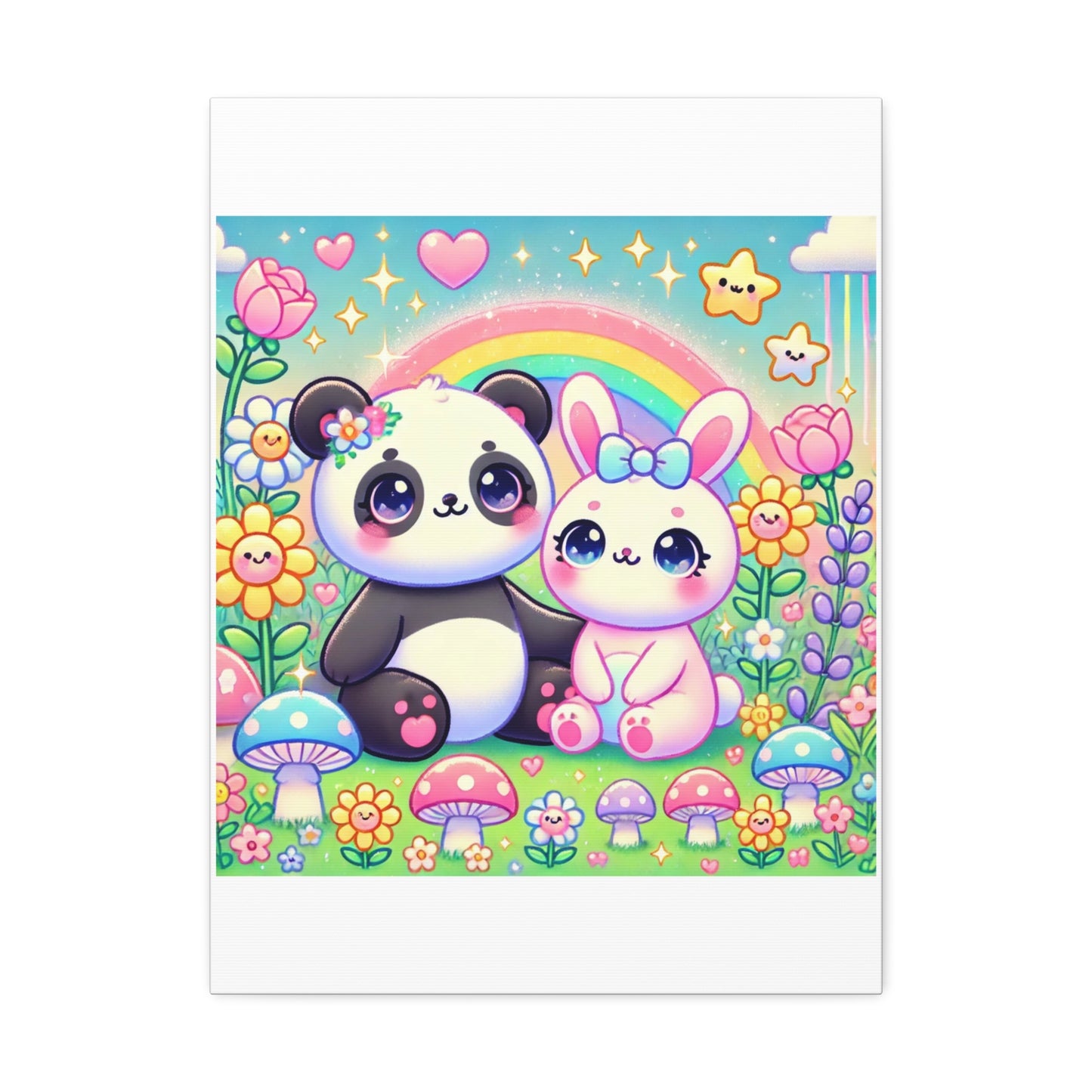 Pastel Panda and Bunny Rainbow Garden Canvas Wall Art