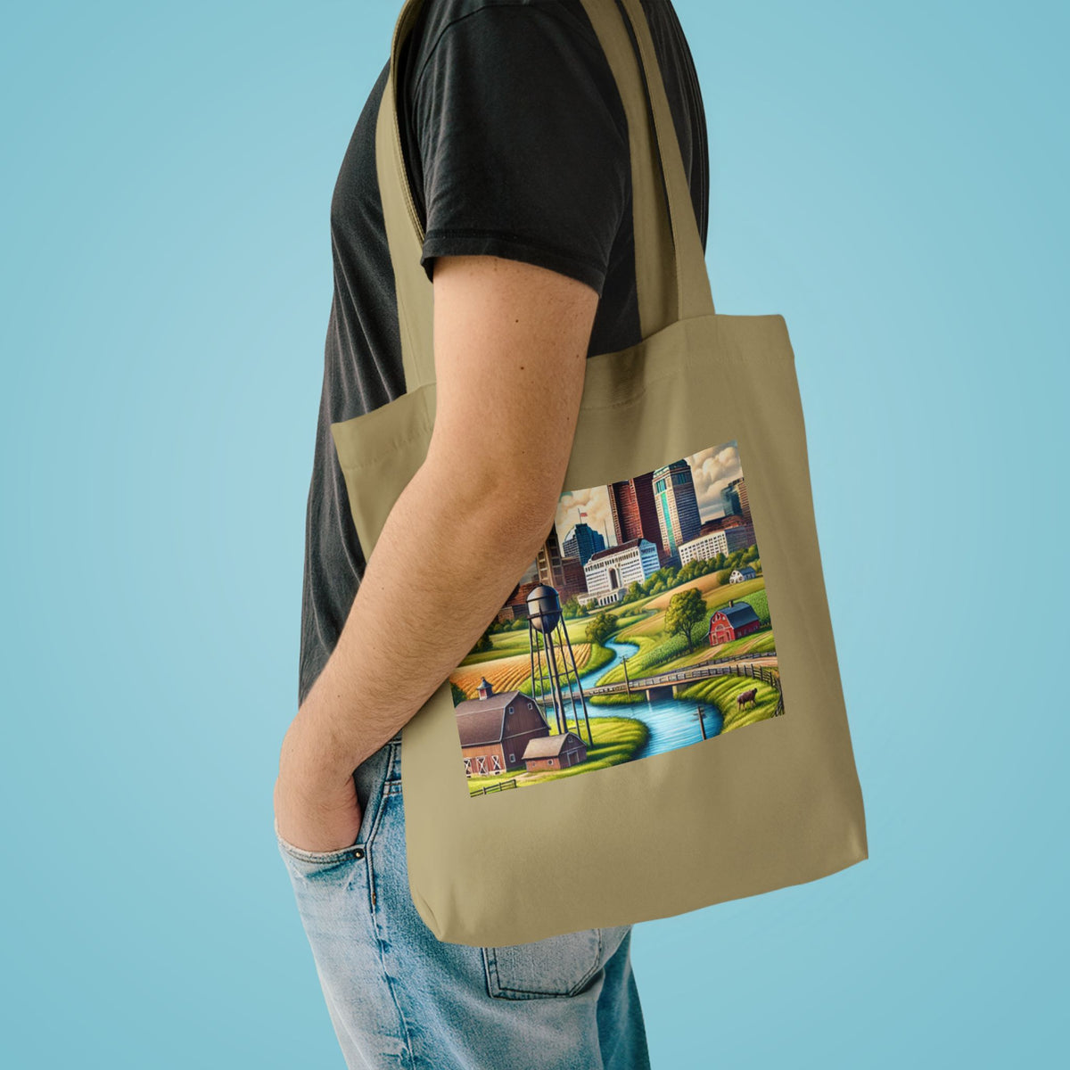 Rural River City Skyline Hometown Landscape Tote Bag